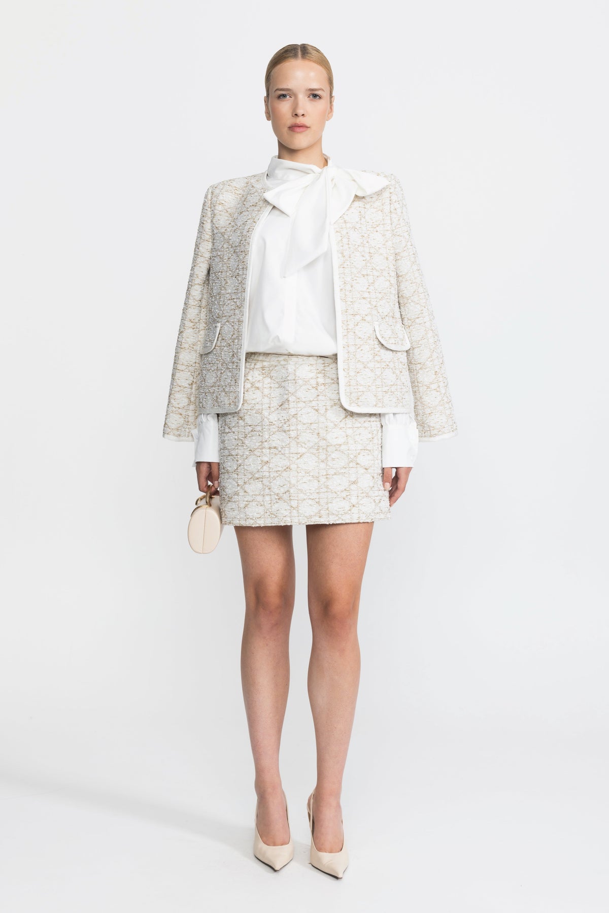 Ines Ivoire Metallic Jacquard Tweed Jacket And Mini Skirt Co-ord Set