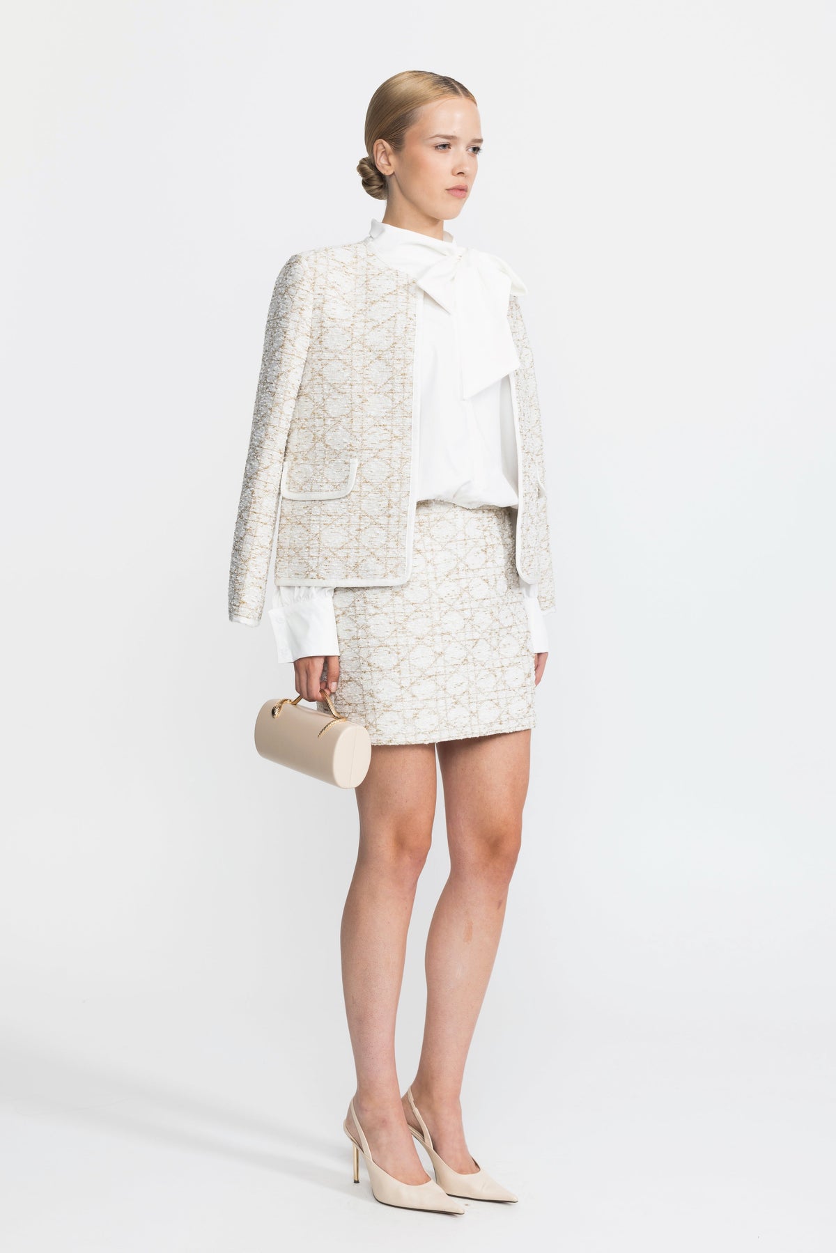 Ines Ivoire Metallic Jacquard Tweed Jacket And Mini Skirt Co-ord Set