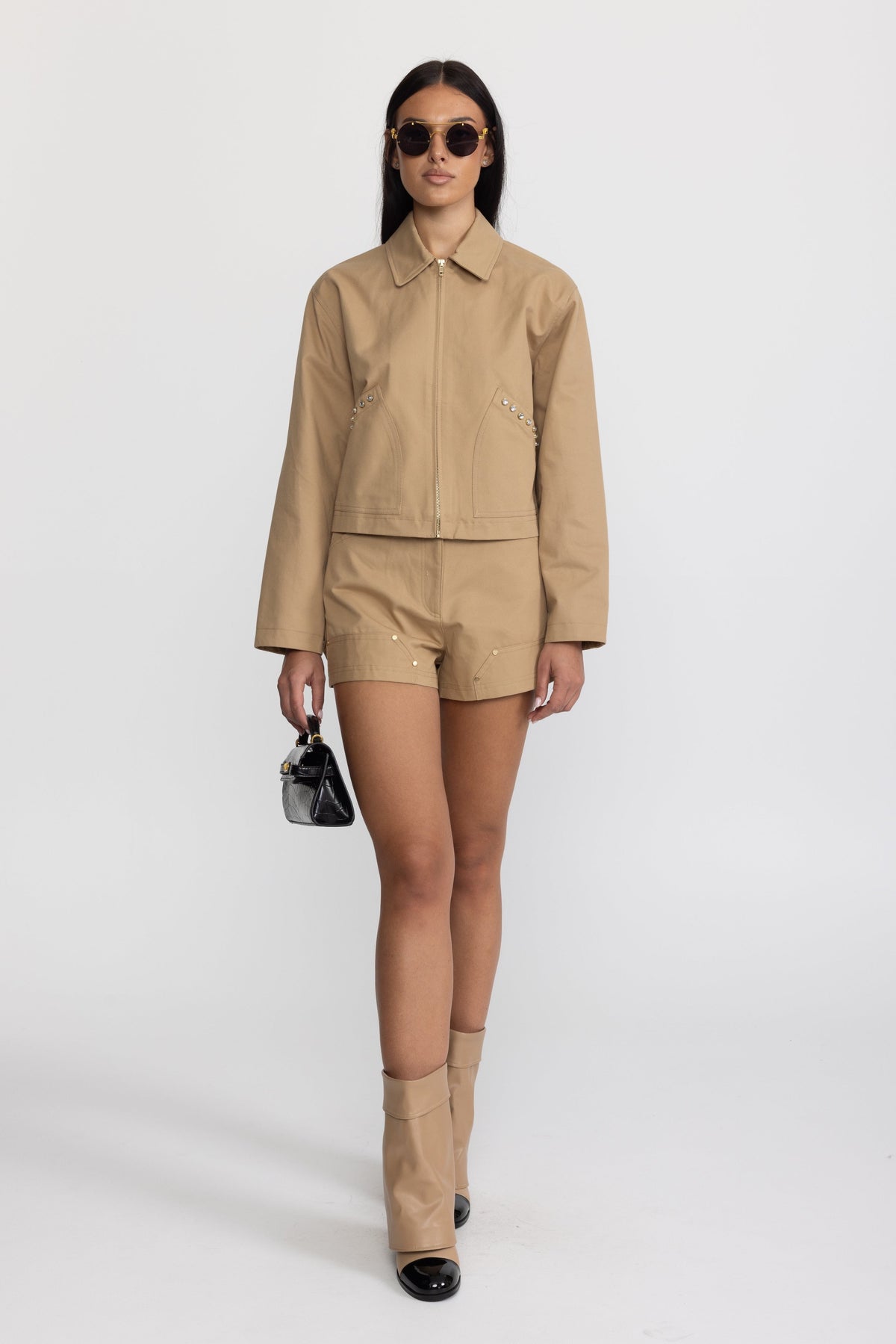 Mahaut Khaki High-Waisted Studded Panel Twill Shorts