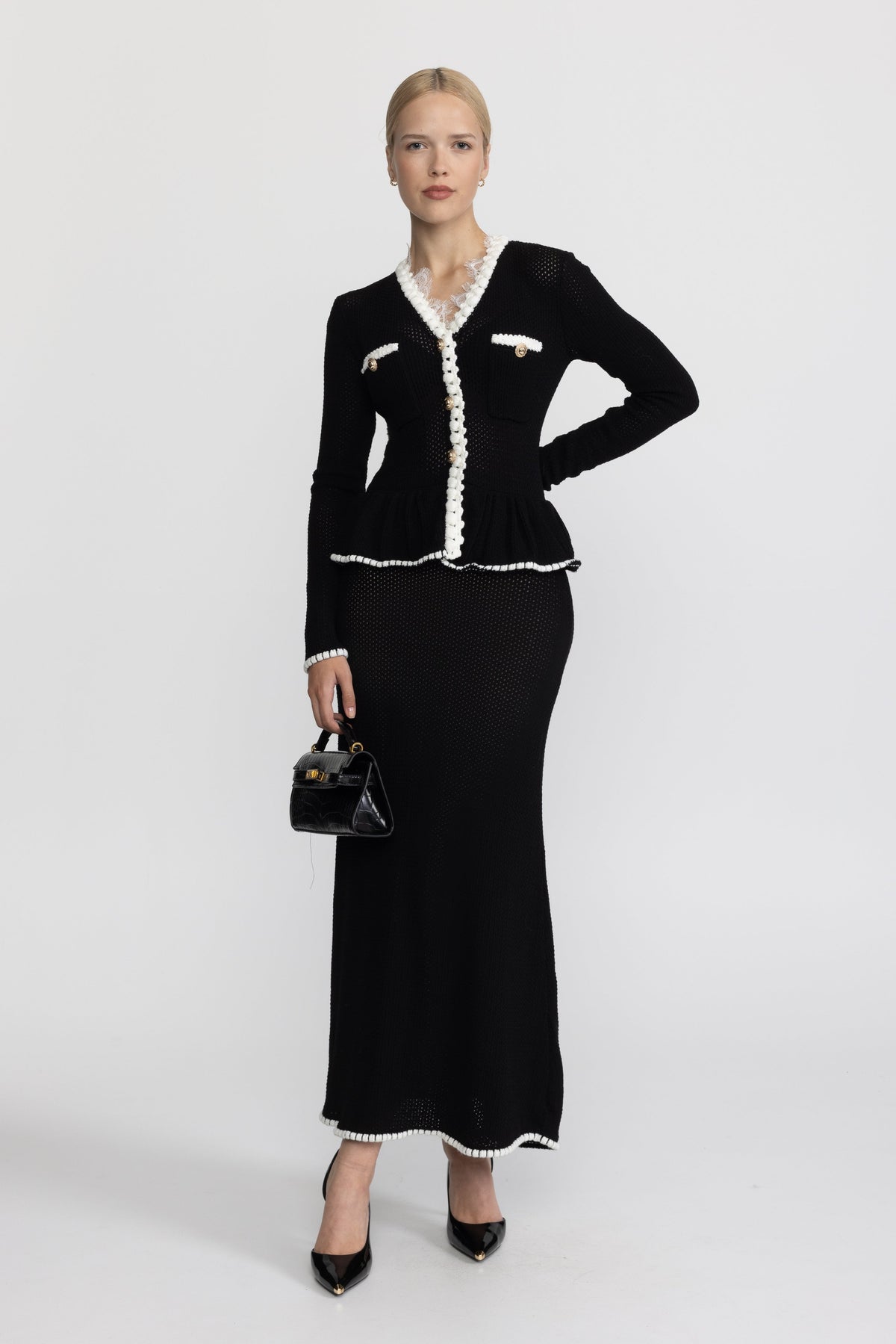 Théodora Black Lace Trim Crochet Knit Peplum Maxi Dress