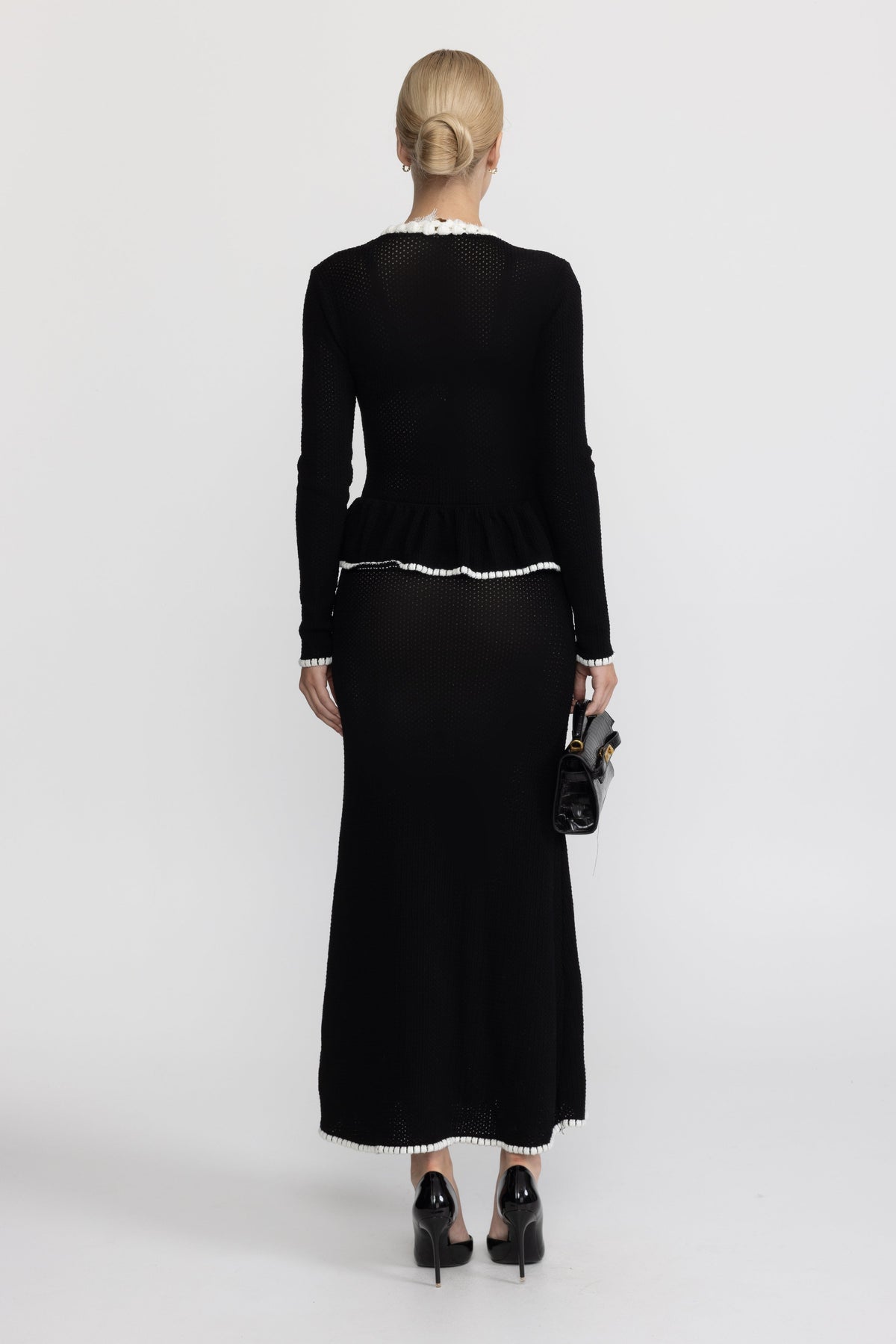 Théodora Black Lace Trim Crochet Knit Peplum Maxi Dress