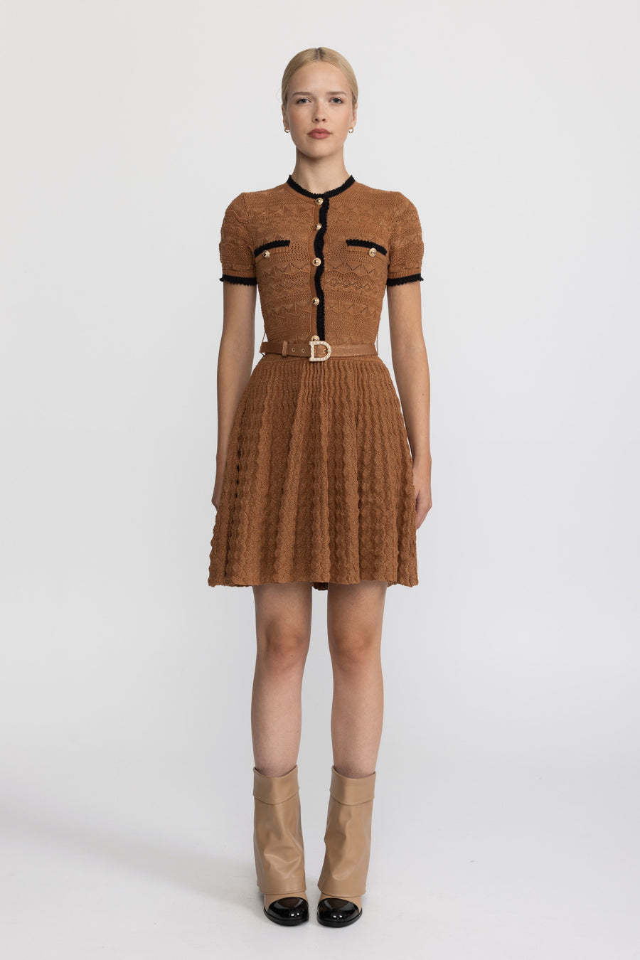 Rosine Caramel Metallic Pointelle Knit Belted Dress with Contrast Trim
