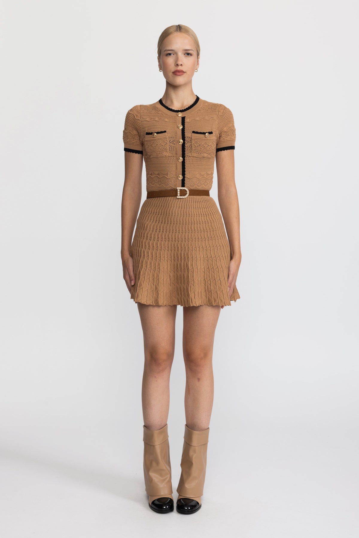 Tiffaine Camel Pointelle Knit Belted Mini Dress with Contrast Trim