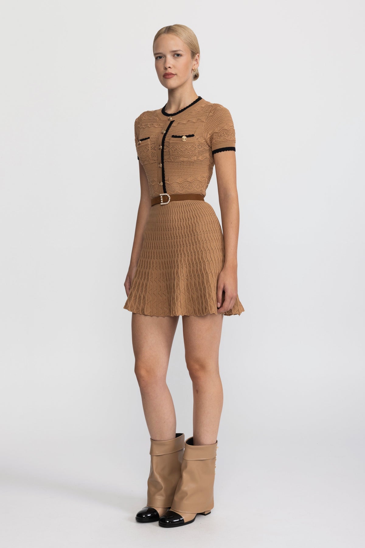 Tiffaine Camel Pointelle Knit Belted Mini Dress with Contrast Trim