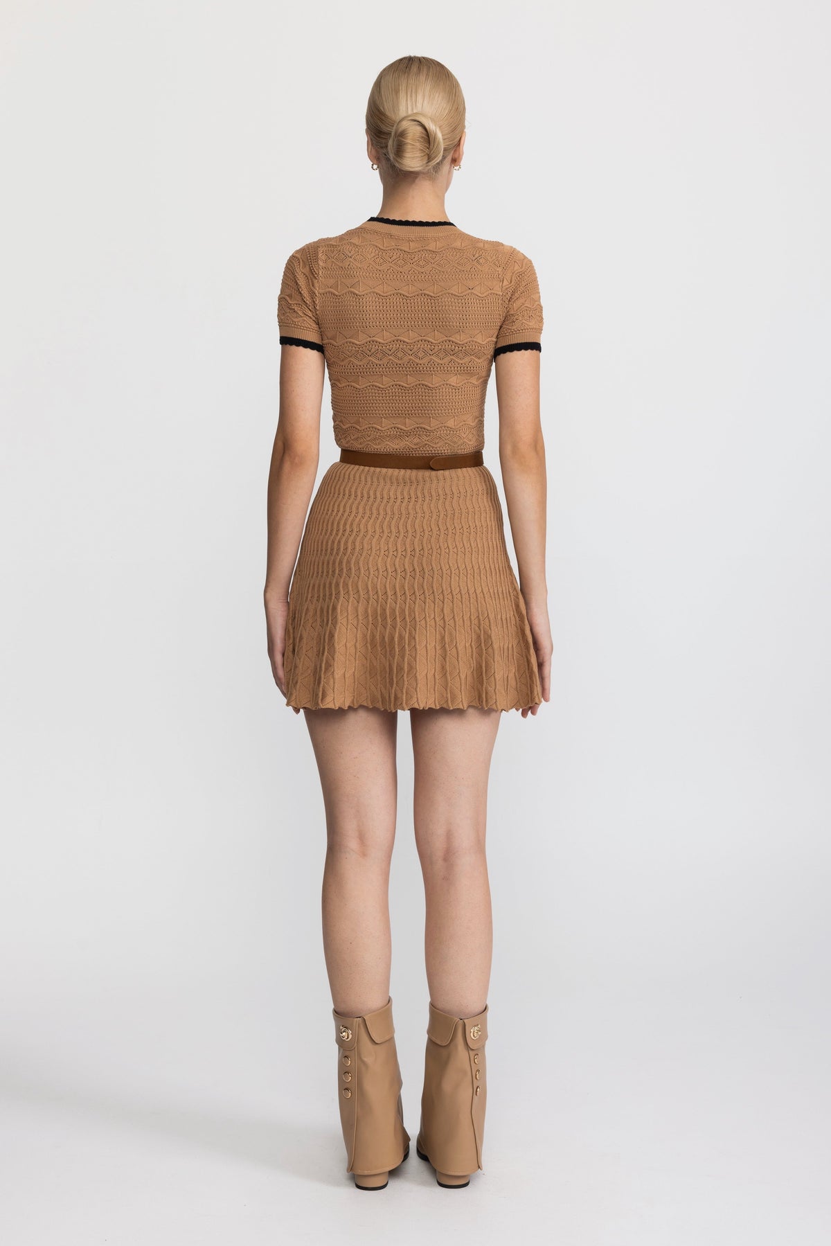 Tiffaine Camel Pointelle Knit Belted Mini Dress with Contrast Trim