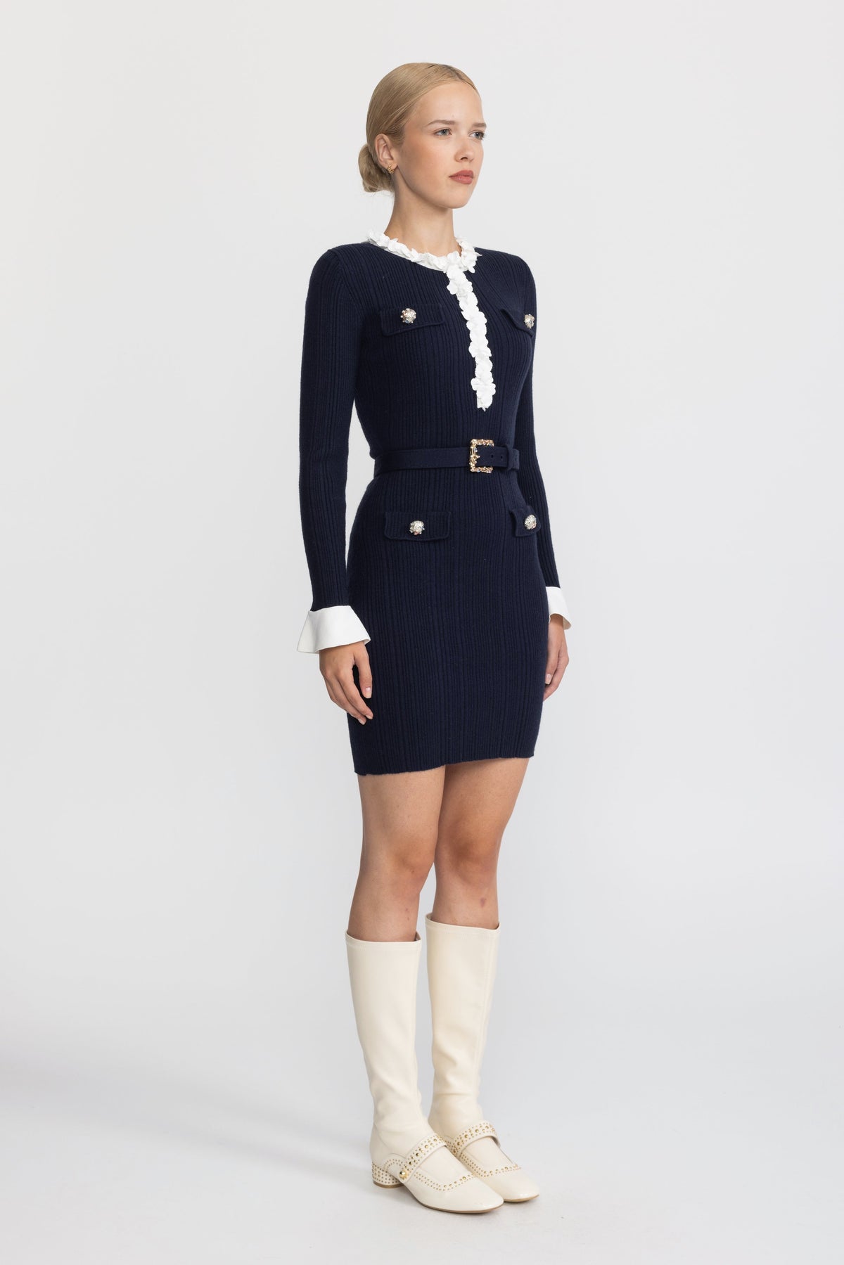 Pernelle Navy Floral Ruffle Rib Knit Belted Mini Dress