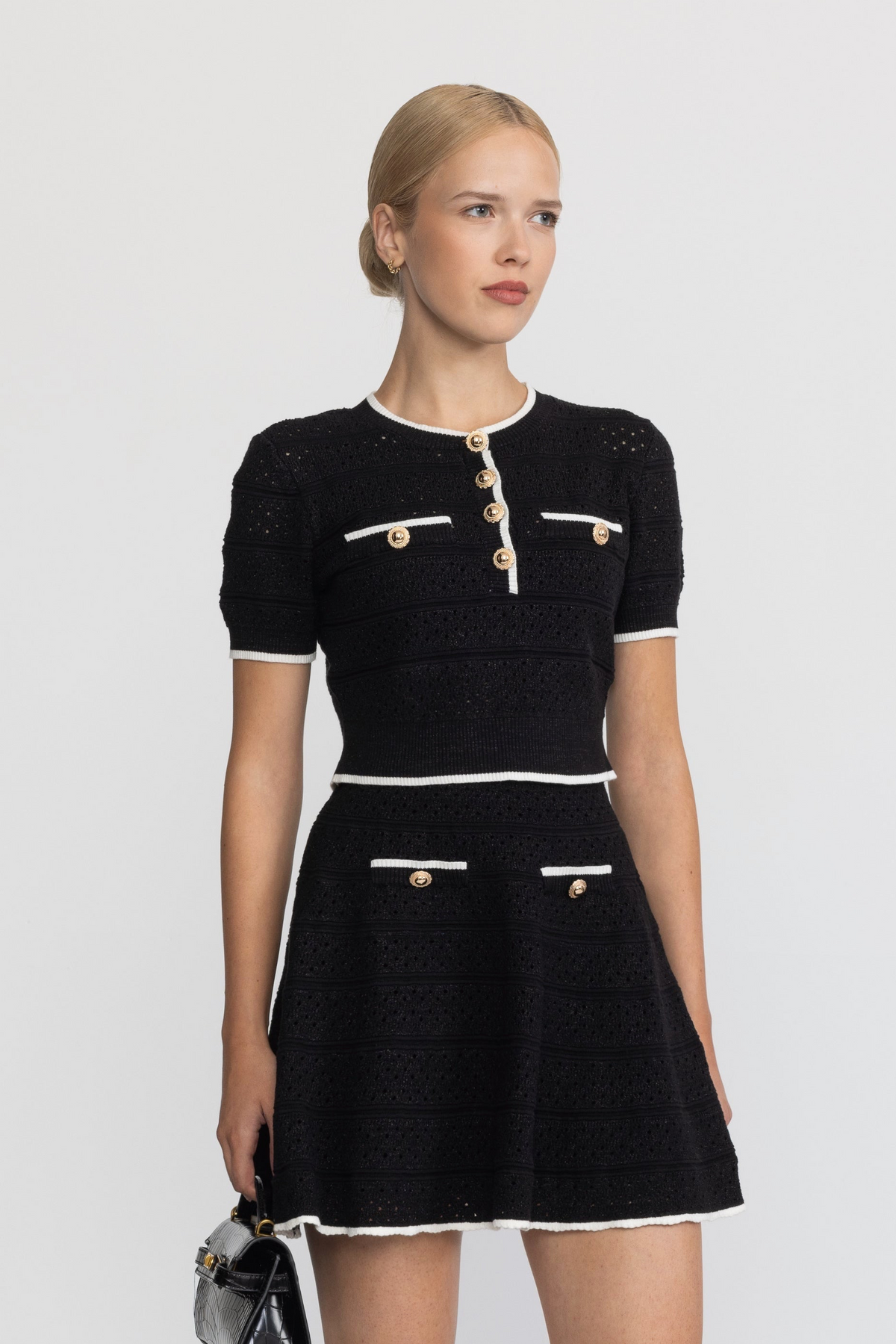 Swann Black Pointelle Knit Top and Skater Skirt Co-ord Set