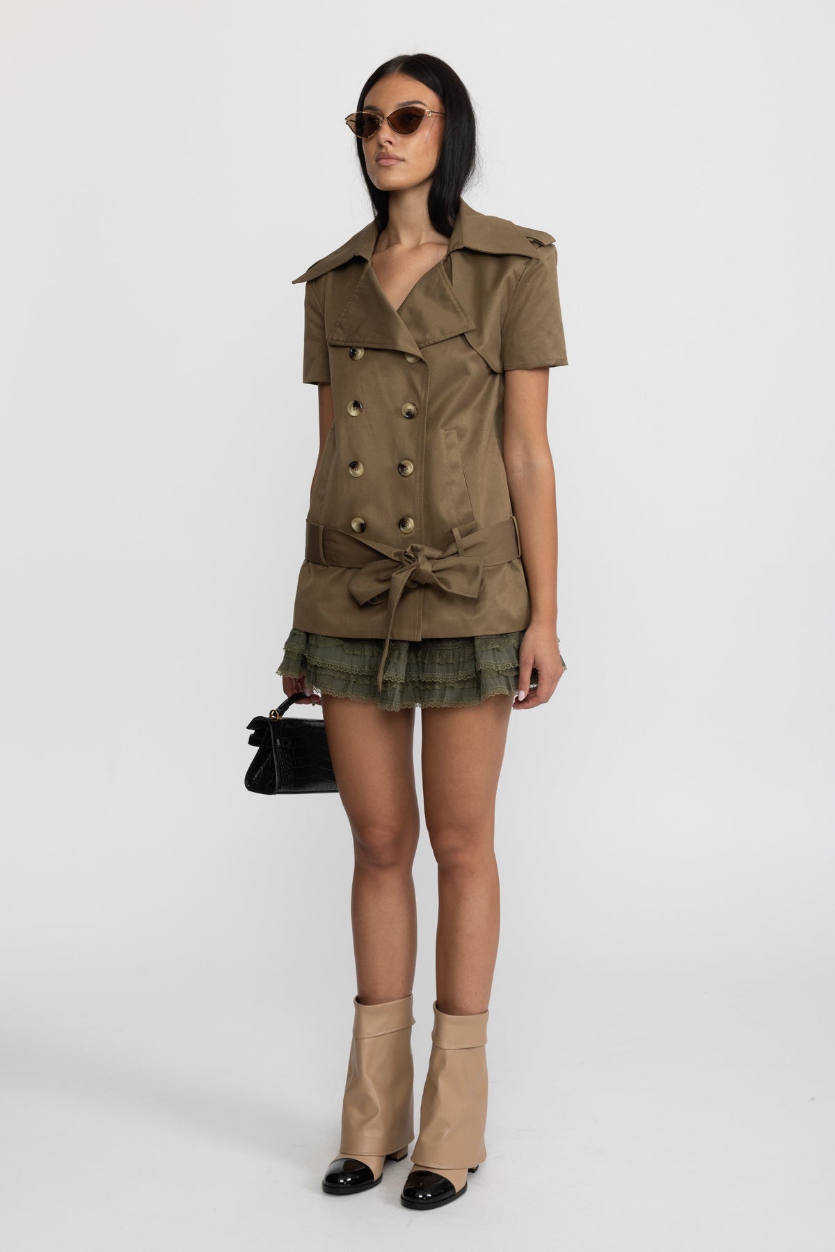 Vanina Olive Trench Top and Ruffle Hem Mini Skirt Co-ord Set