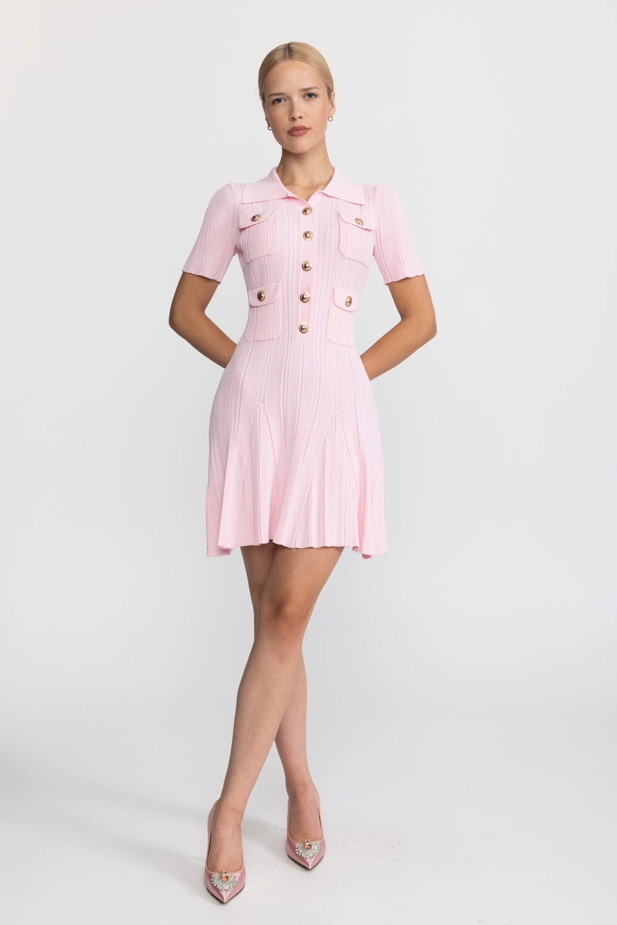 Rosaline Pink Polo Collar Rib Knit Mini Dress with Gold Buttons