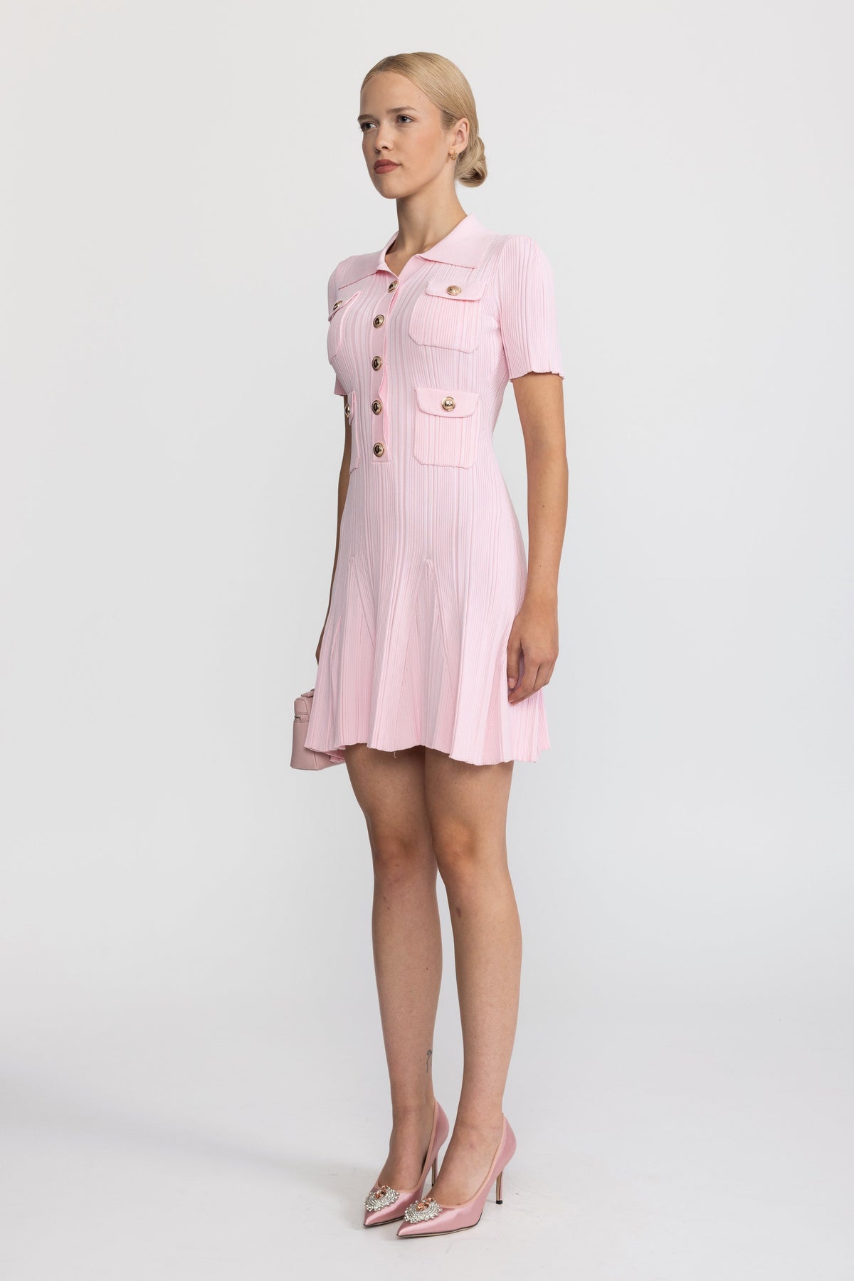 Rosaline Pink Polo Collar Rib Knit Mini Dress with Gold Buttons