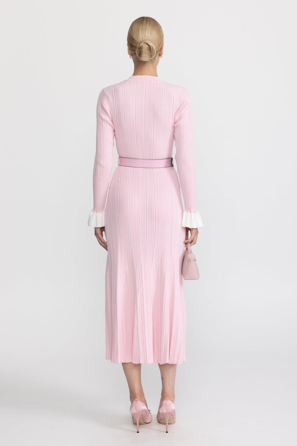 Marie-Ange Pink Belted Rib Knit Button-Front Midi Dress