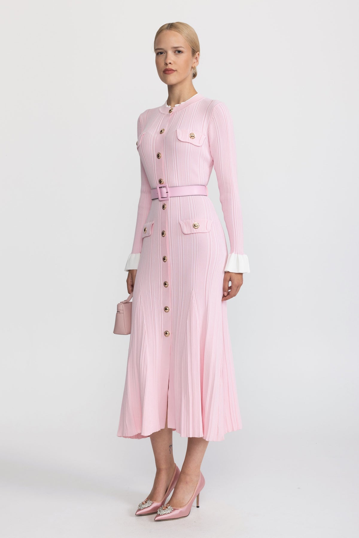 Marie-Ange Pink Belted Rib Knit Button-Front Midi Dress
