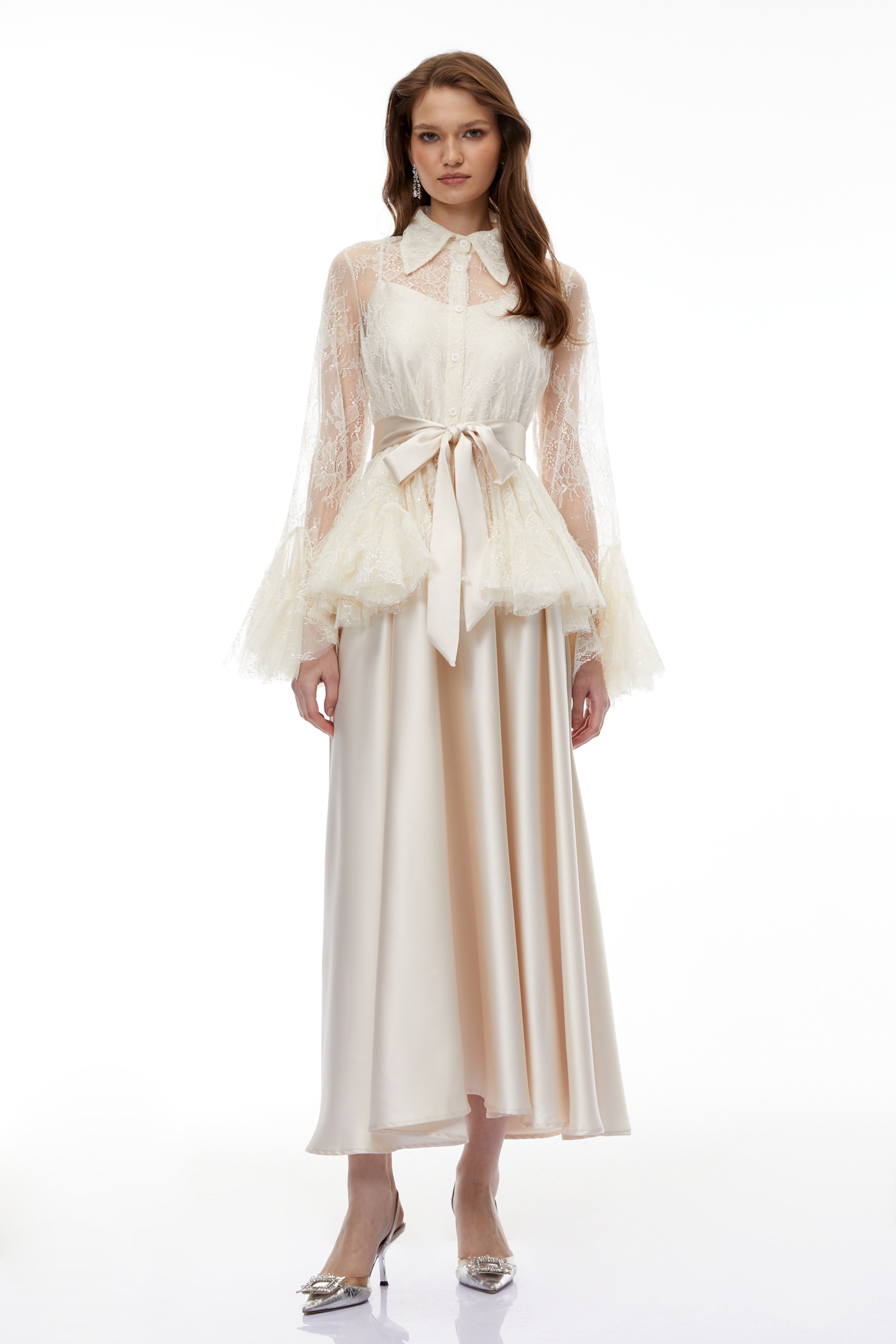 Fadila Neutral Semi-Sheer Blouse & Dress Set