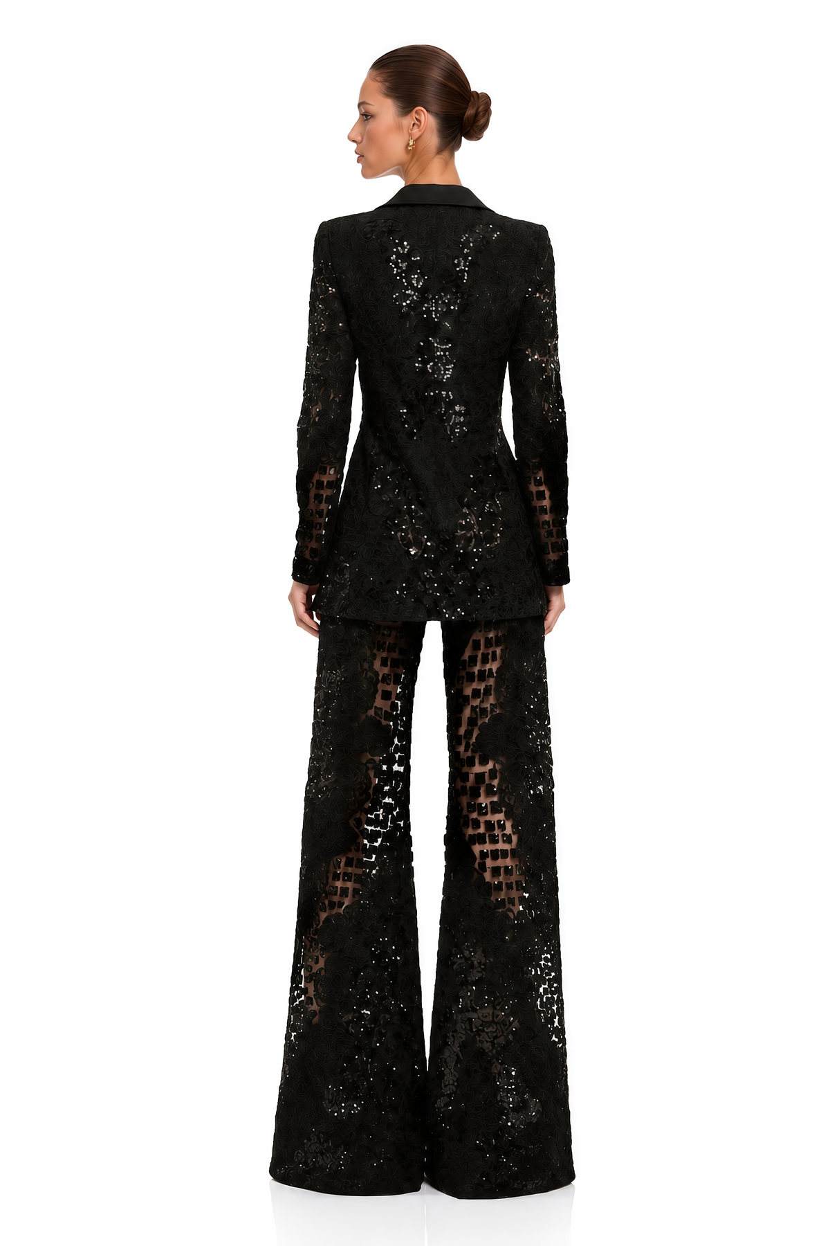 faigy black sequin lace blazer & wide leg trousers set