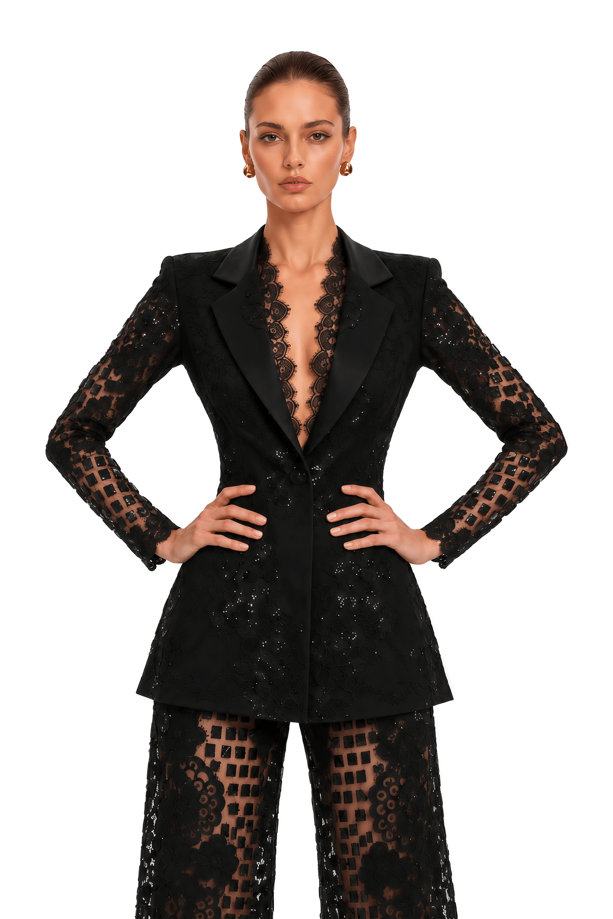 faigy black sequin lace blazer & wide leg trousers set