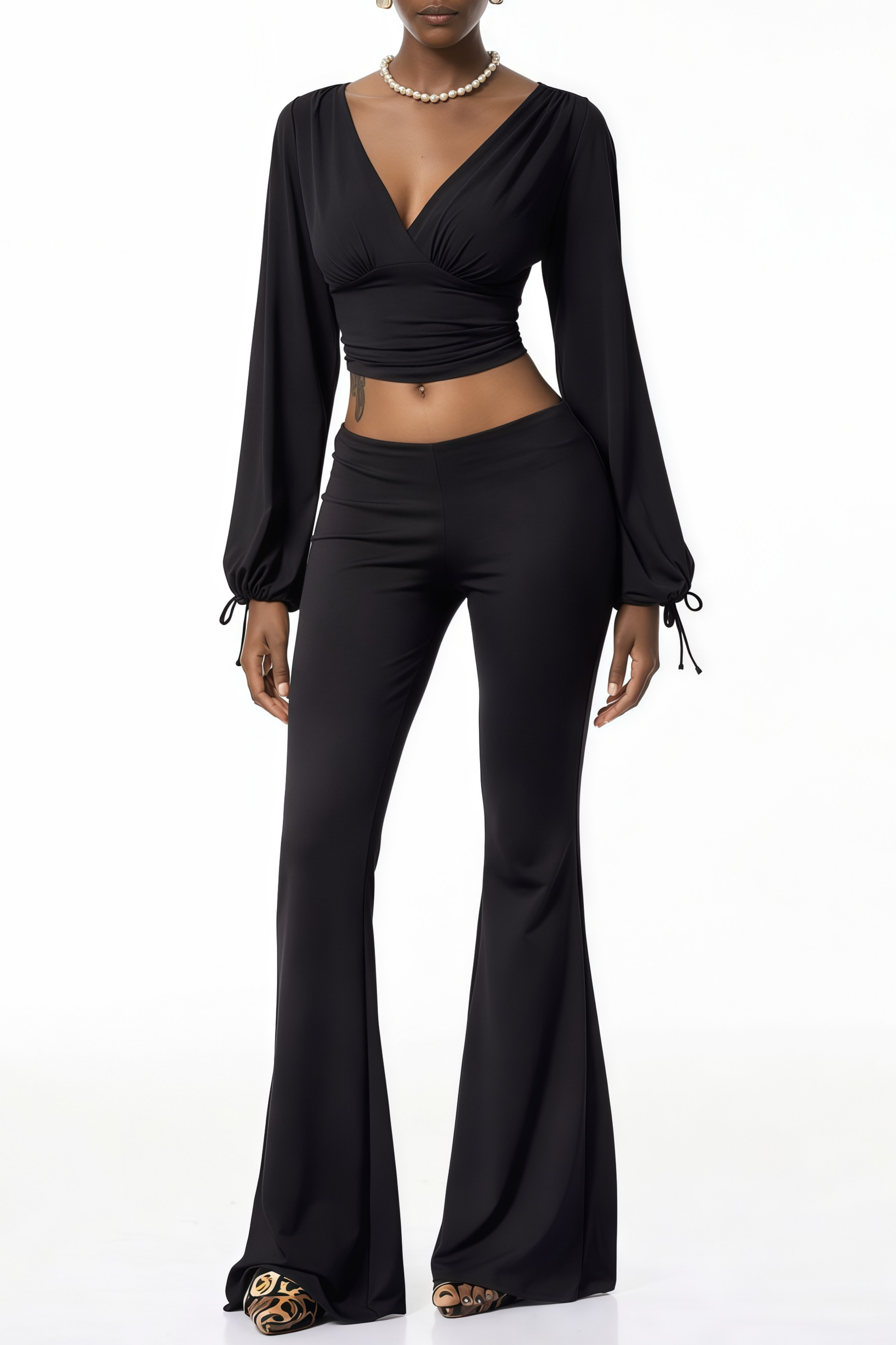 Faith Black Deep V Blouse & Trouser Set