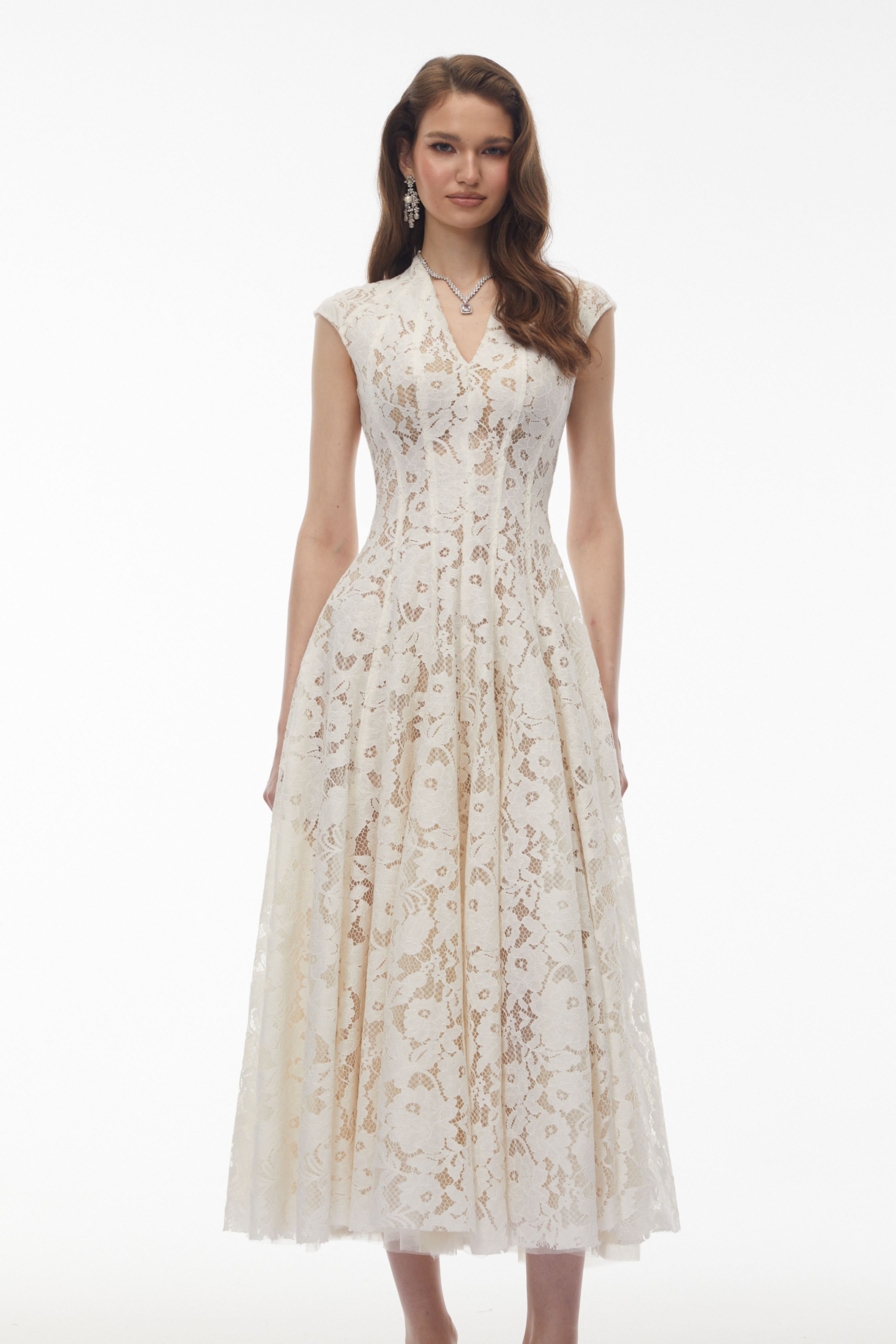 Fariba White V-Neck Floral Lace Maxi Dress (Final Sale-US Only)