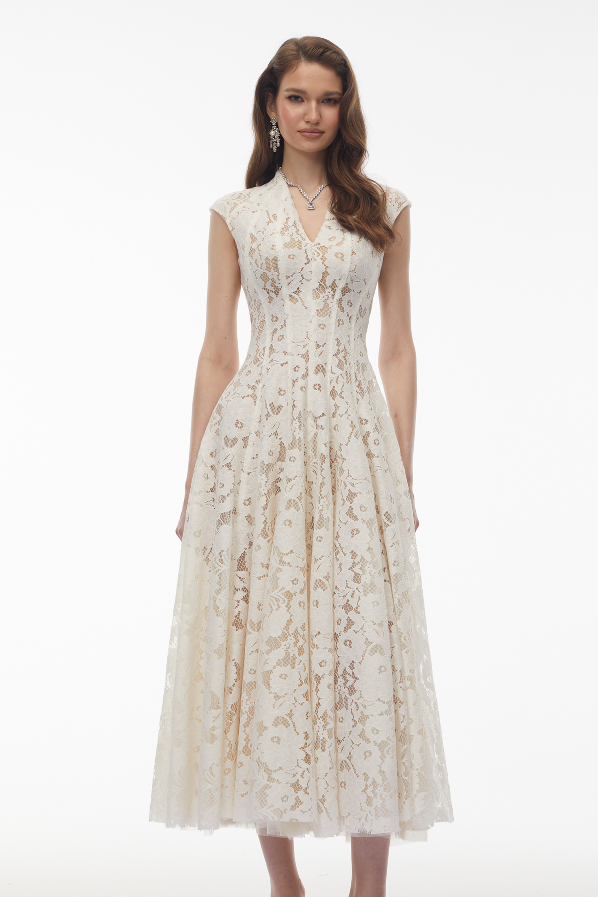 Fariba White V-Neck Floral Lace Maxi Dress (Final Sale-US Only)