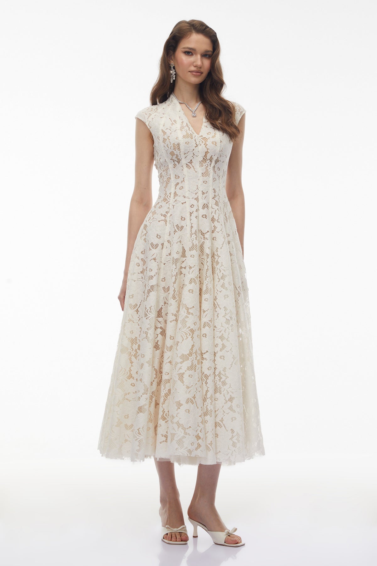 Fariba White V-Neck Floral Lace Maxi Dress (Final Sale-US Only)