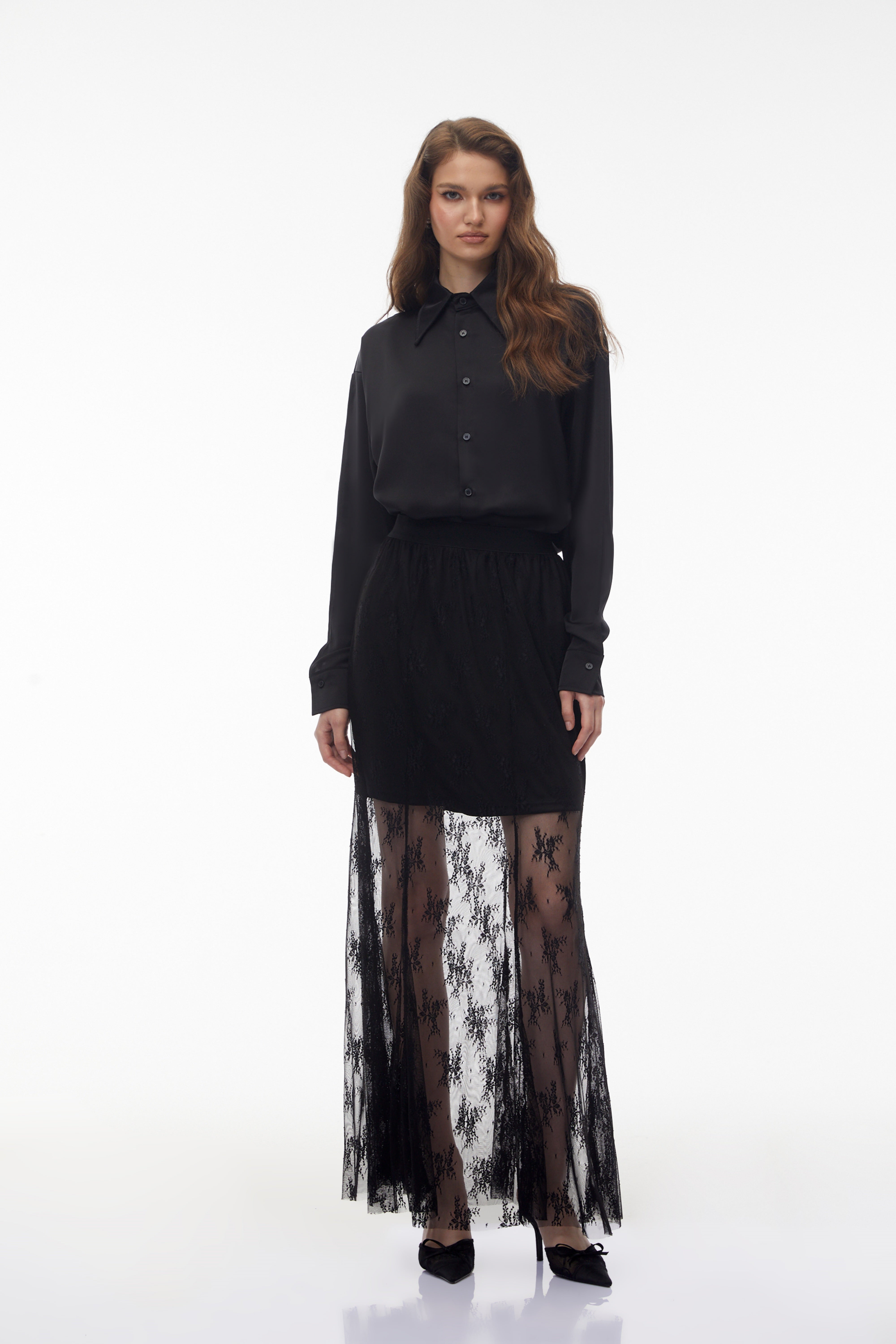 Fauna Black Satin Shirt & Skirt Set