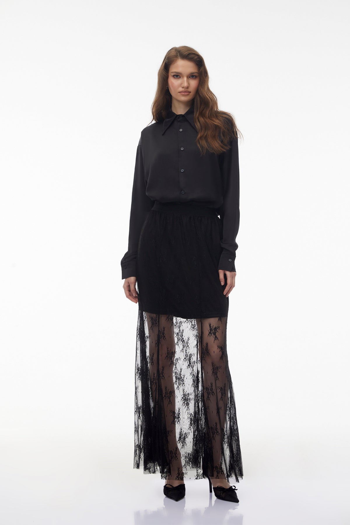 Fauna Black Satin Shirt & Skirt Set