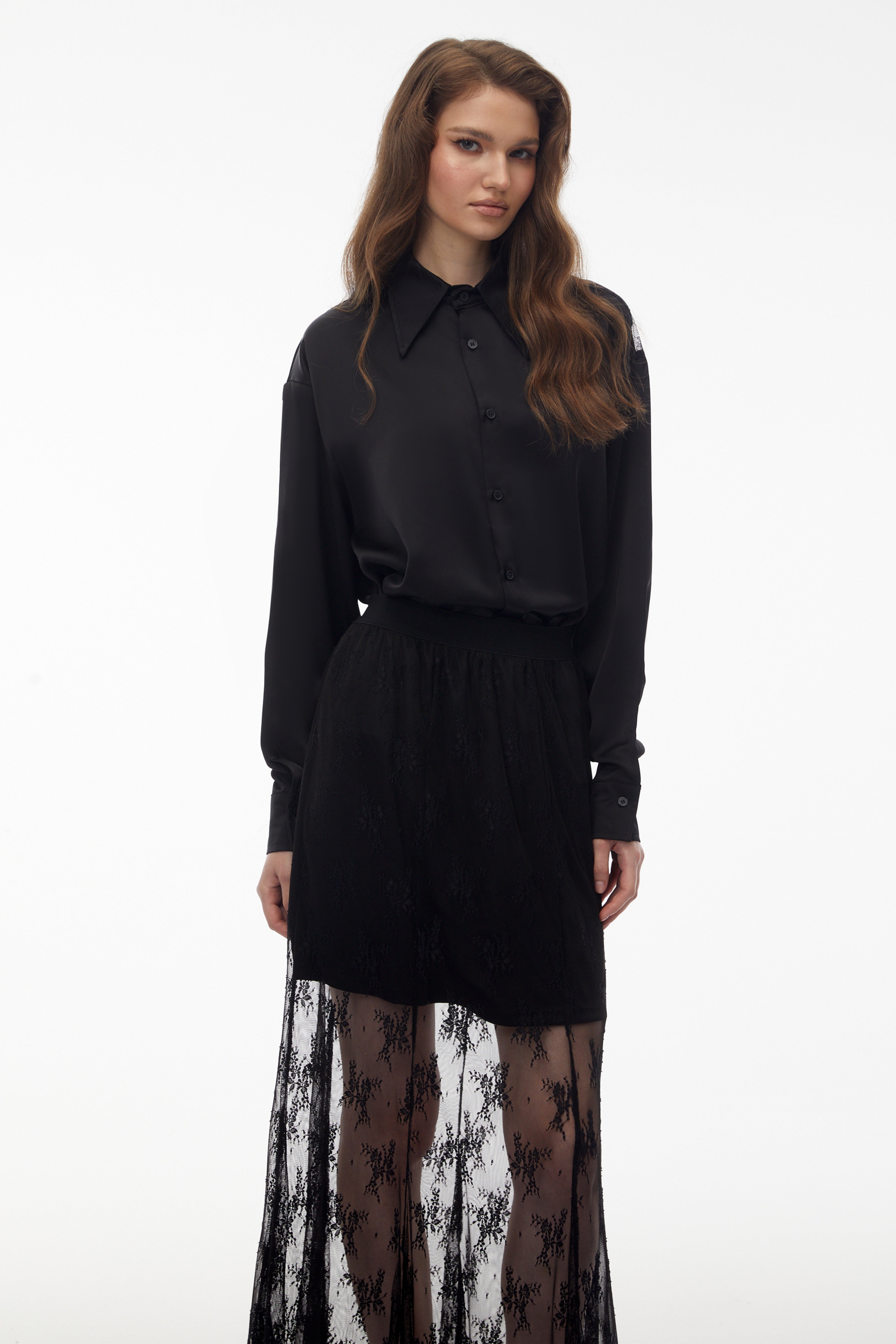 Fauna Black Satin Shirt & Skirt Set