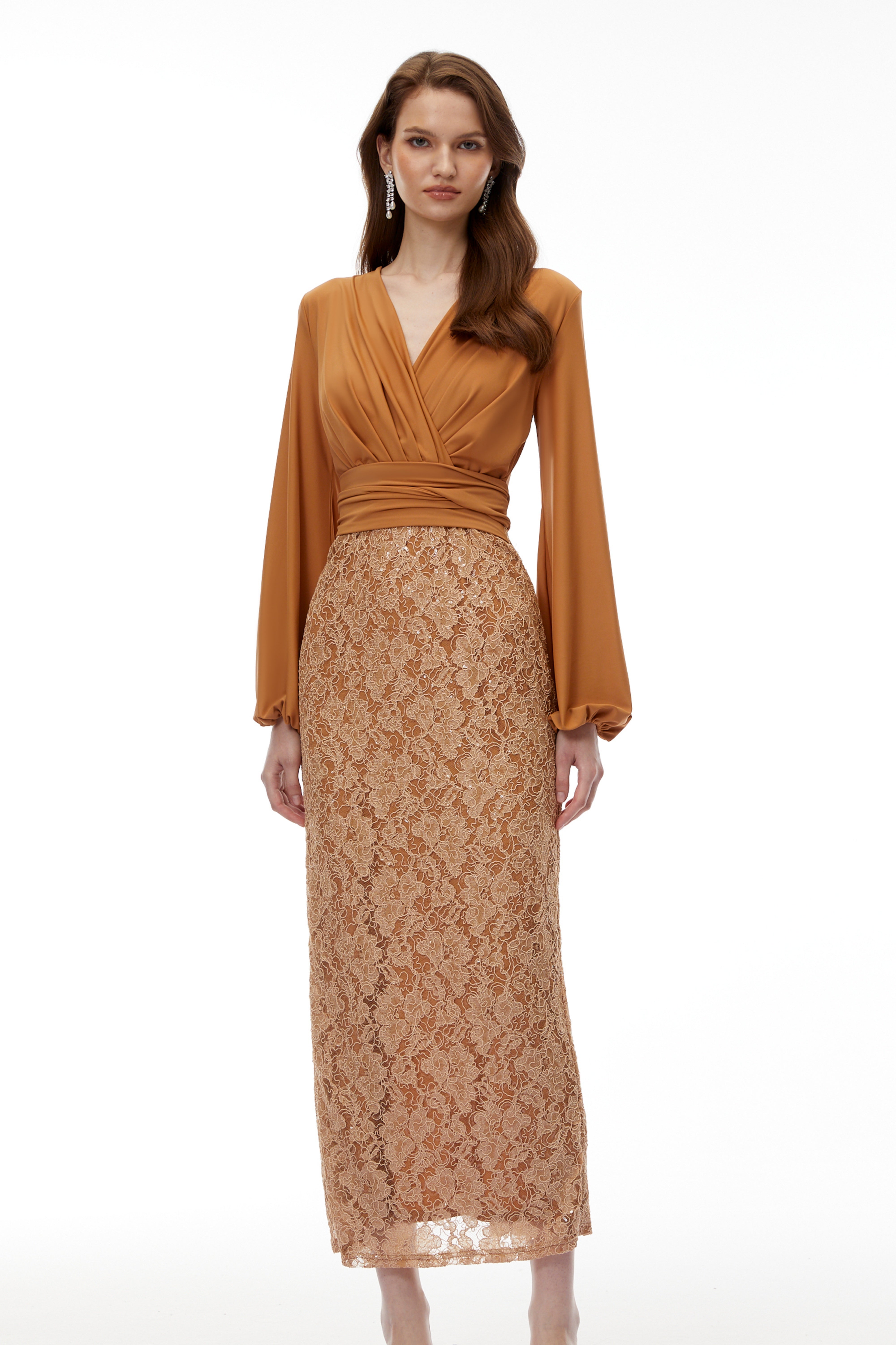Fauna Brown Plunge Neck Lace Maxi Dress