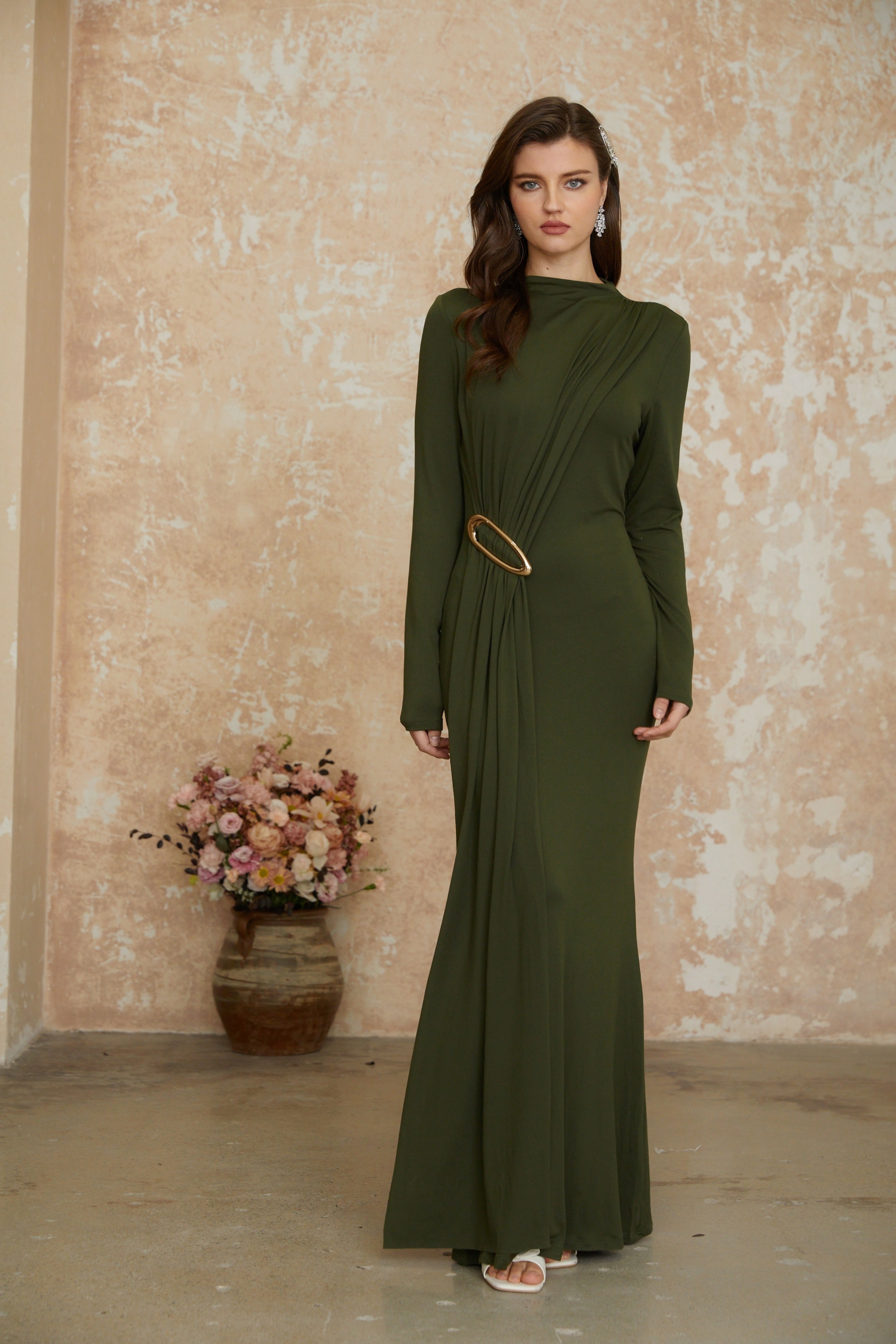Fawn Green Ruched Maxi Dress with Ribbon Detail (Final Sale-US Only)