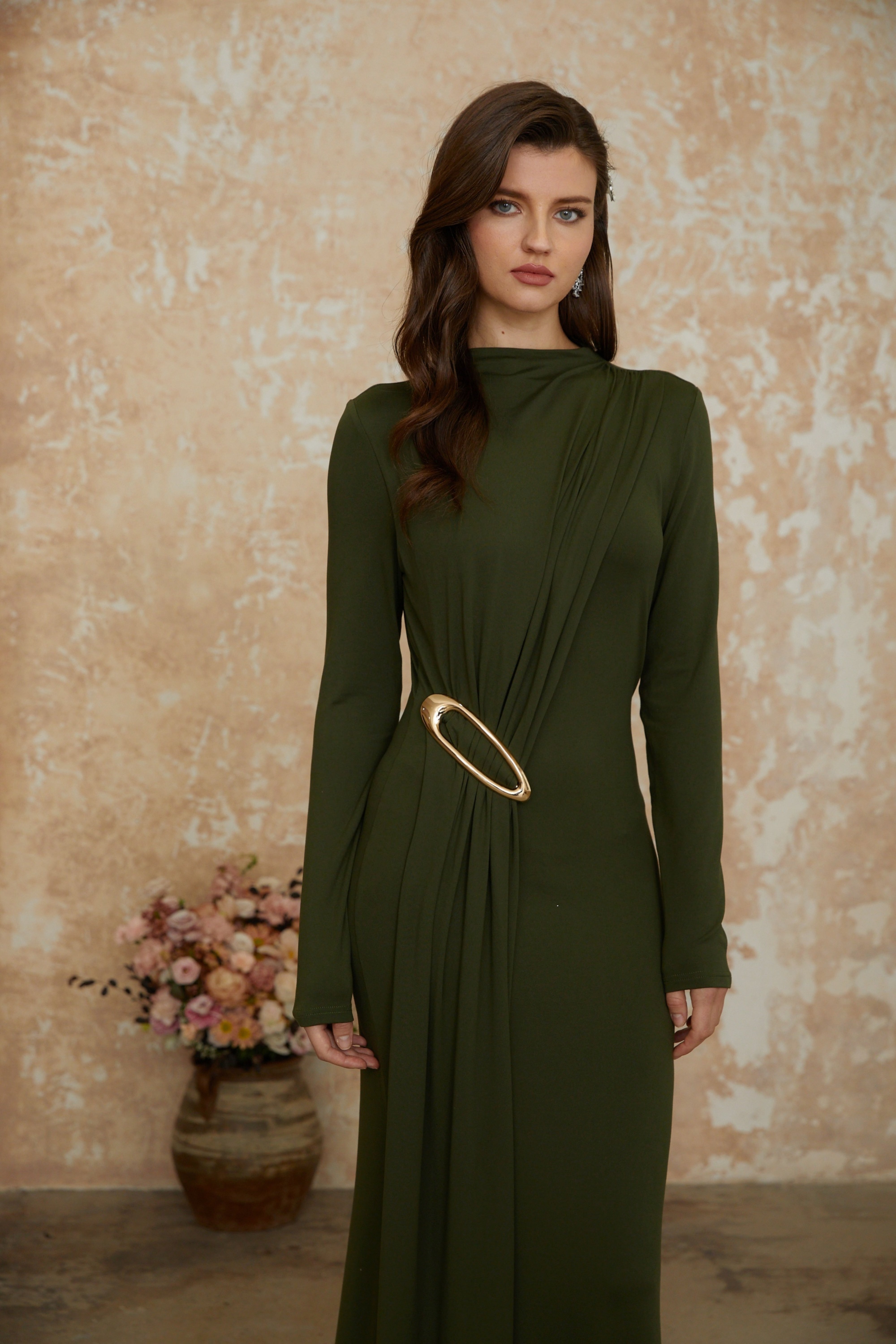 Fawn Green Ruched Maxi Dress with Ribbon Detail (Final Sale-US Only)