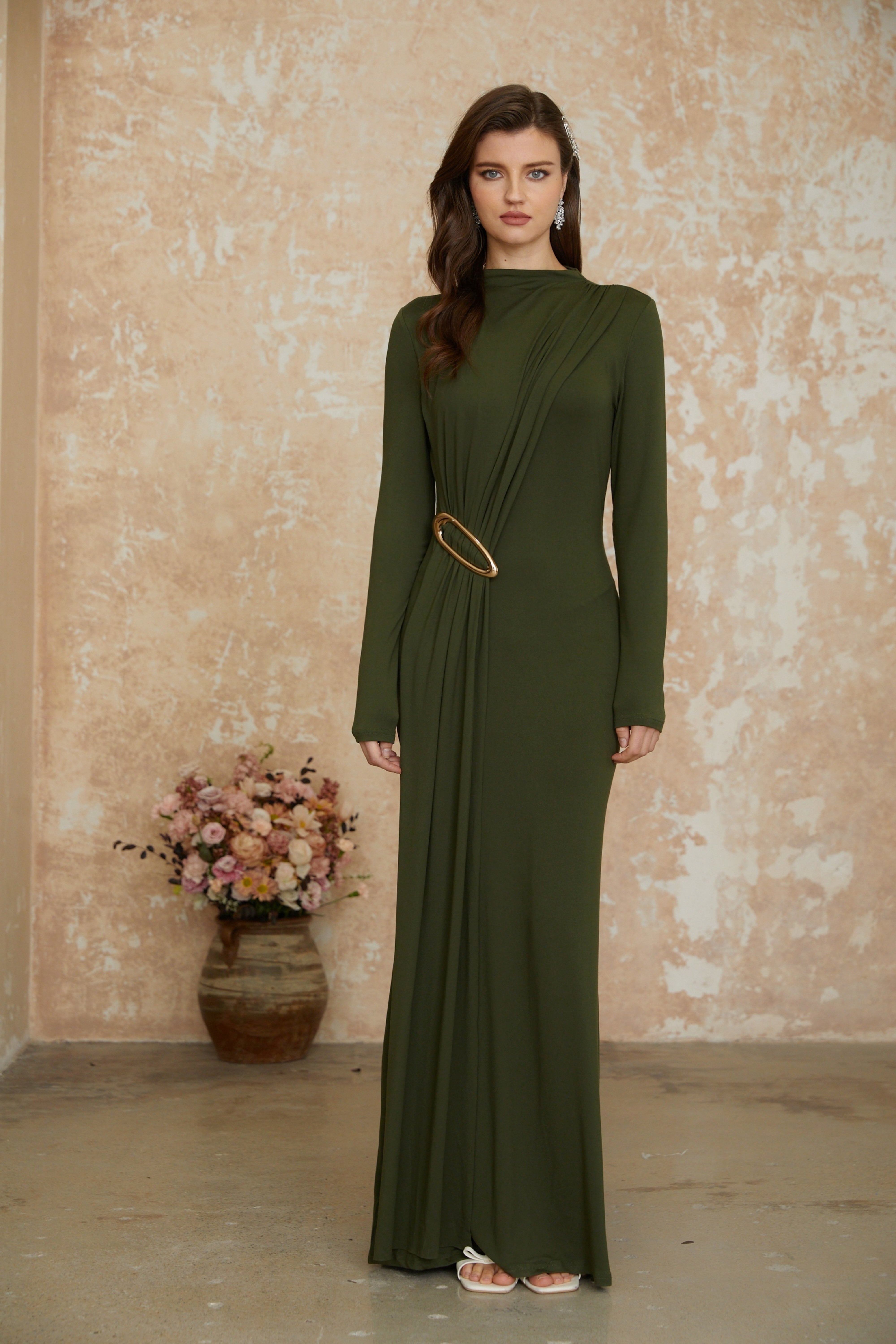Fawn Green Ruched Maxi Dress with Ribbon Detail (Final Sale-US Only)