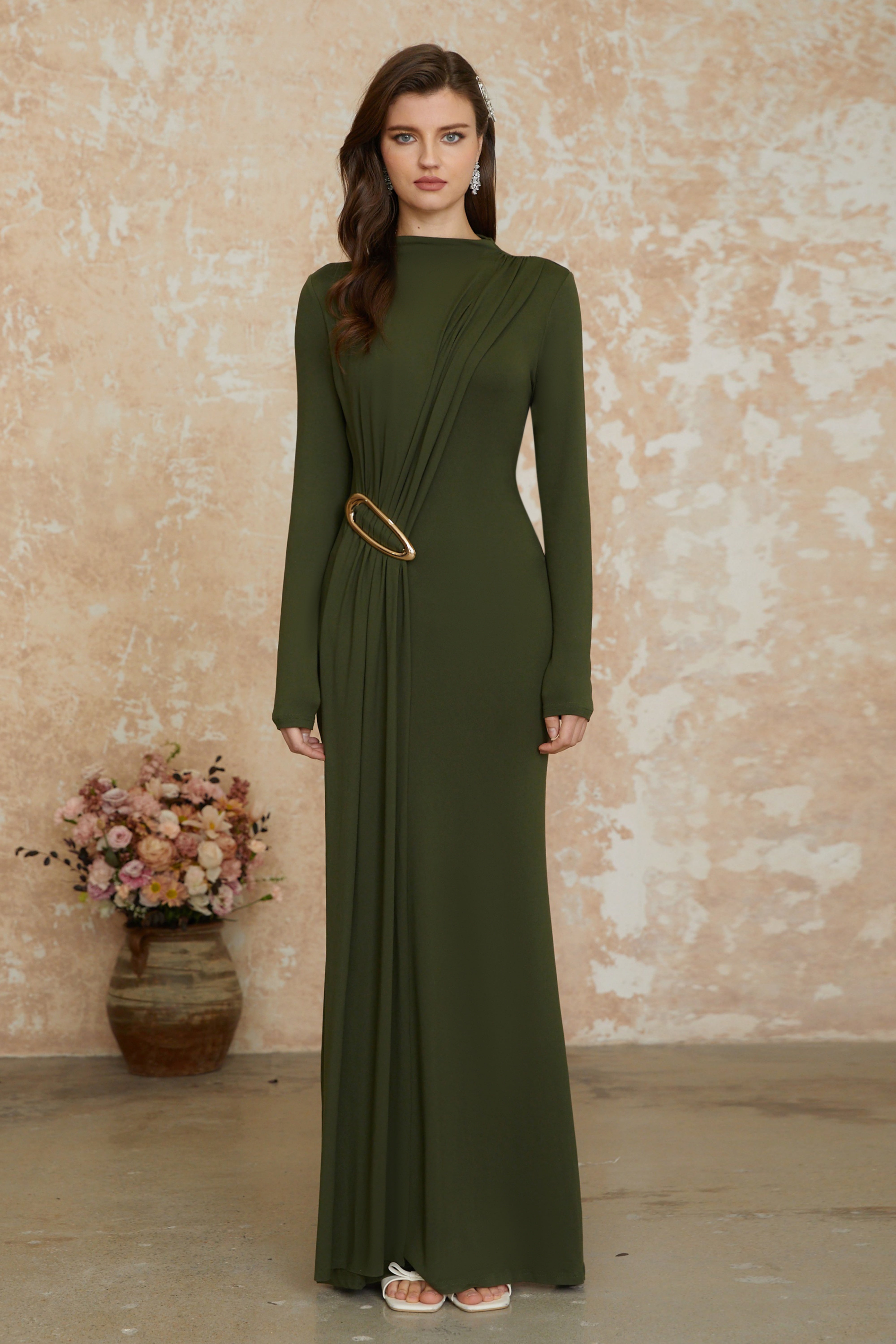 Fawn Green Ruched Maxi Dress with Ribbon Detail (Final Sale-US Only)