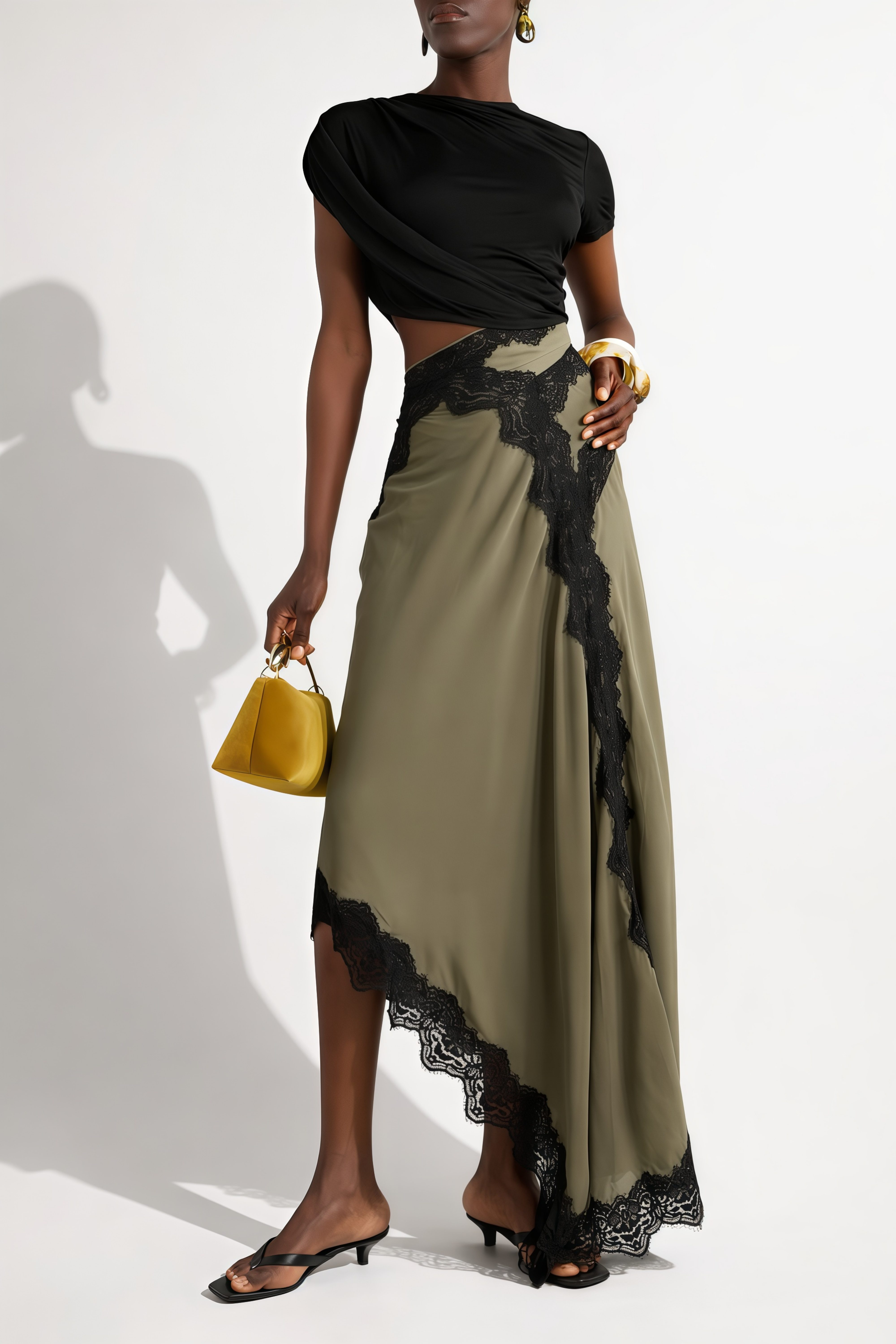 Fiamma Black Gathered Lace Panel Maxi Dress