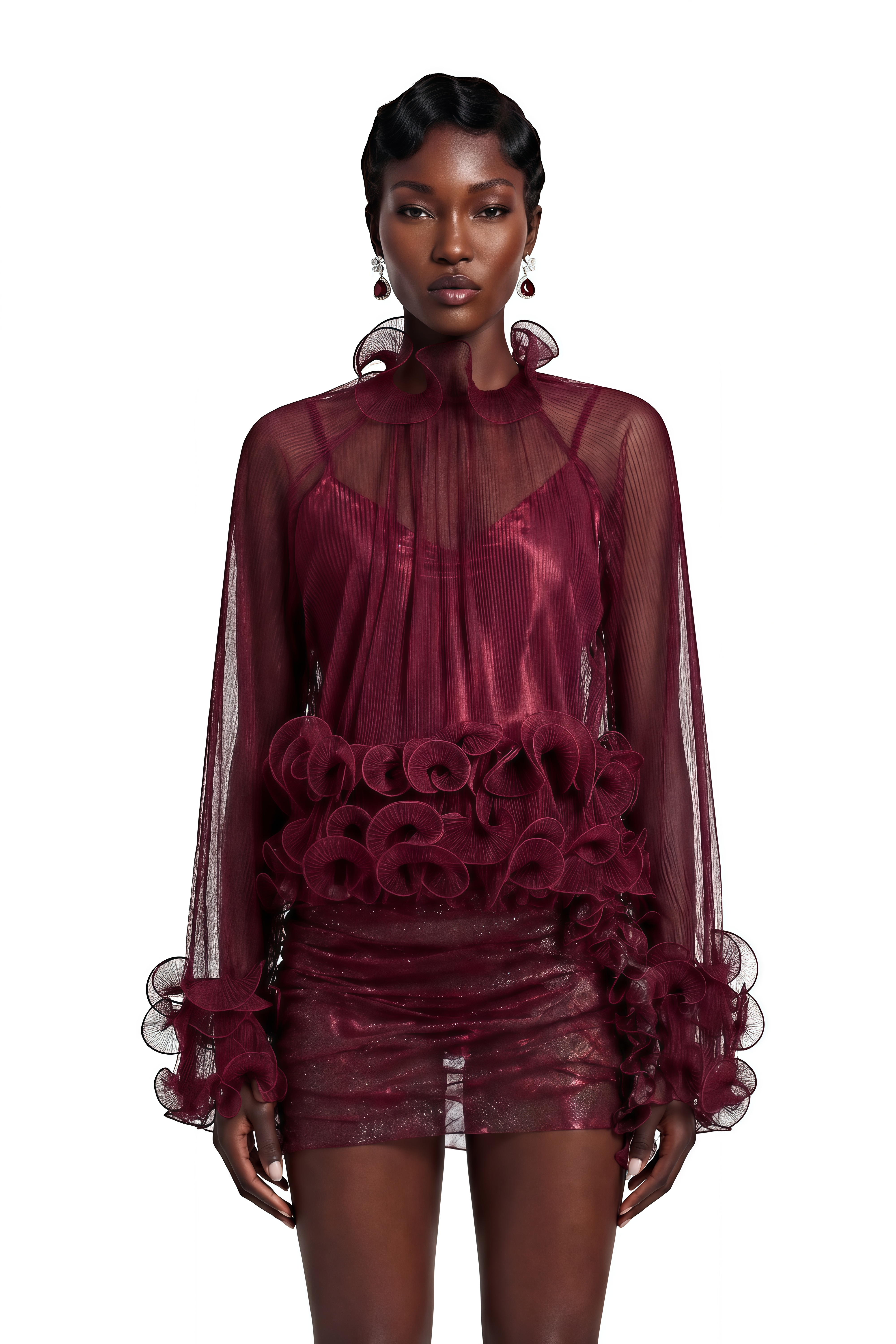 Filomena Red Chiffon Ruffled Blouse