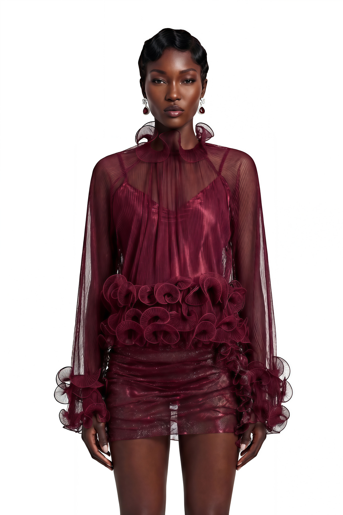 Filomena Red Chiffon Ruffled Blouse