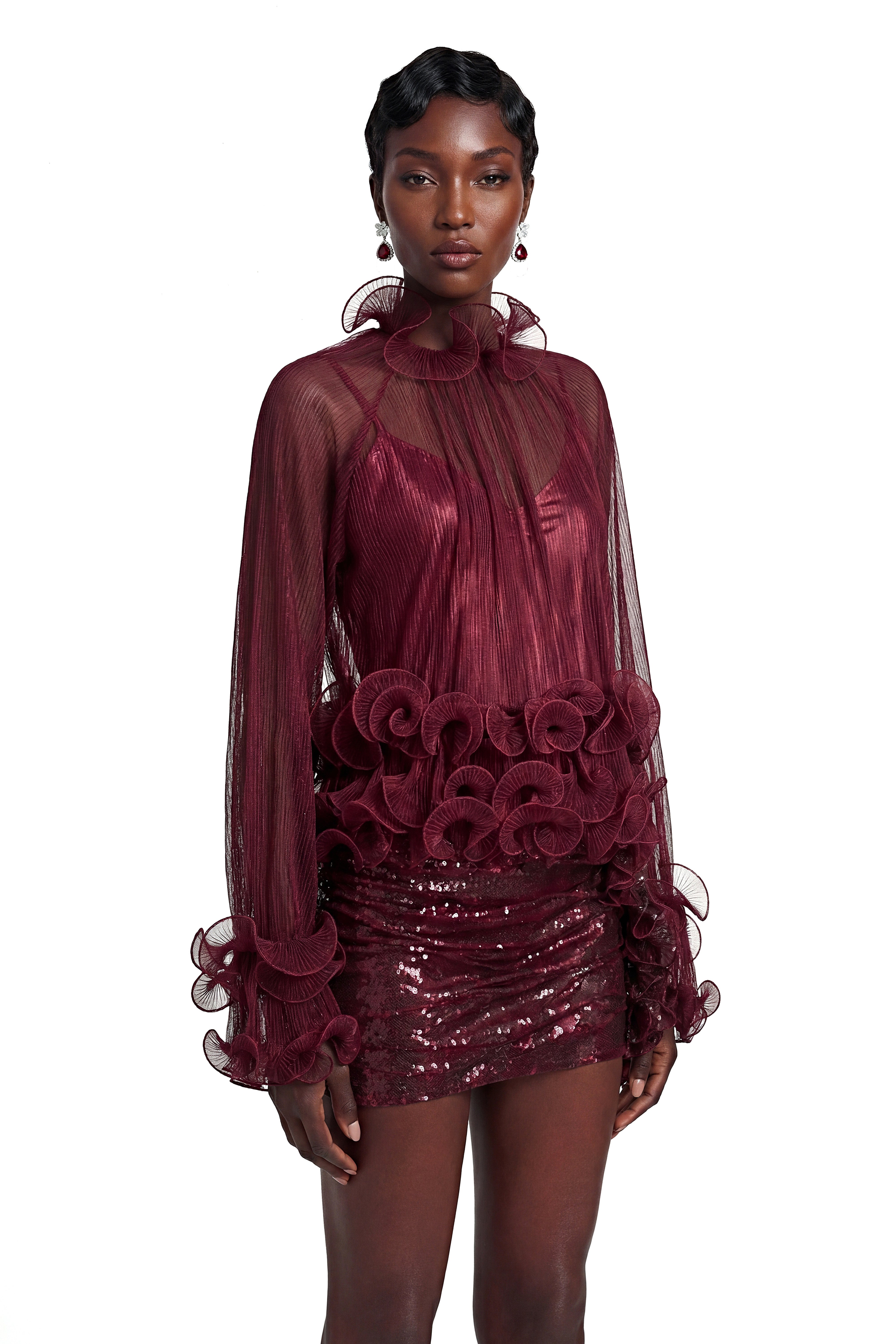Filomena Red Chiffon Ruffled Blouse