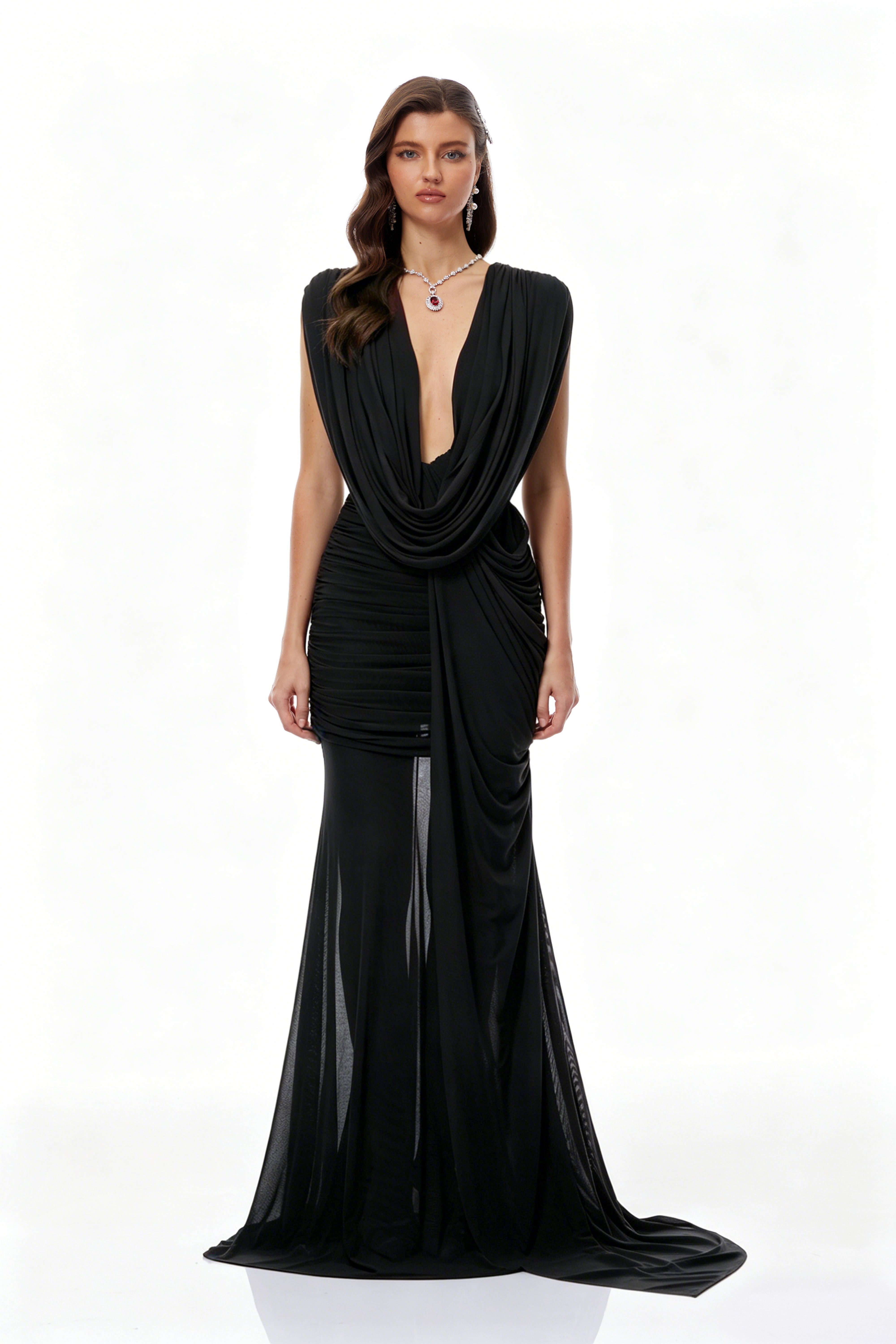 Fíona Black Asymmetrical Draped Maxi Gown