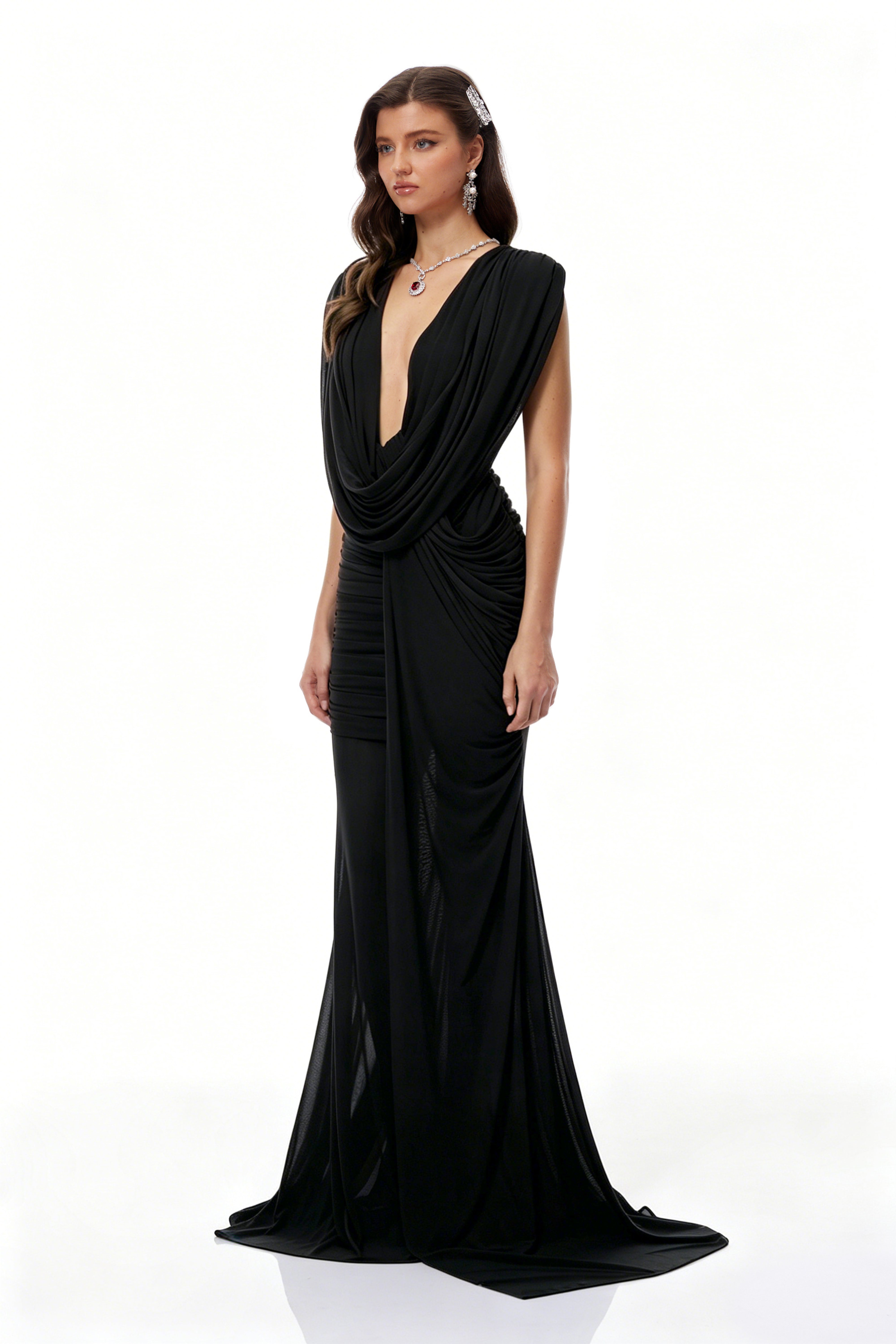Fíona Black Asymmetrical Draped Maxi Gown