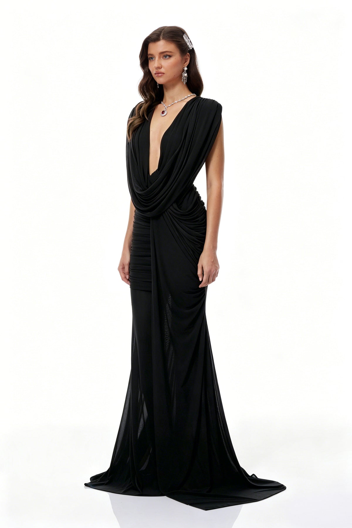 Fíona Black Asymmetrical Draped Maxi Gown