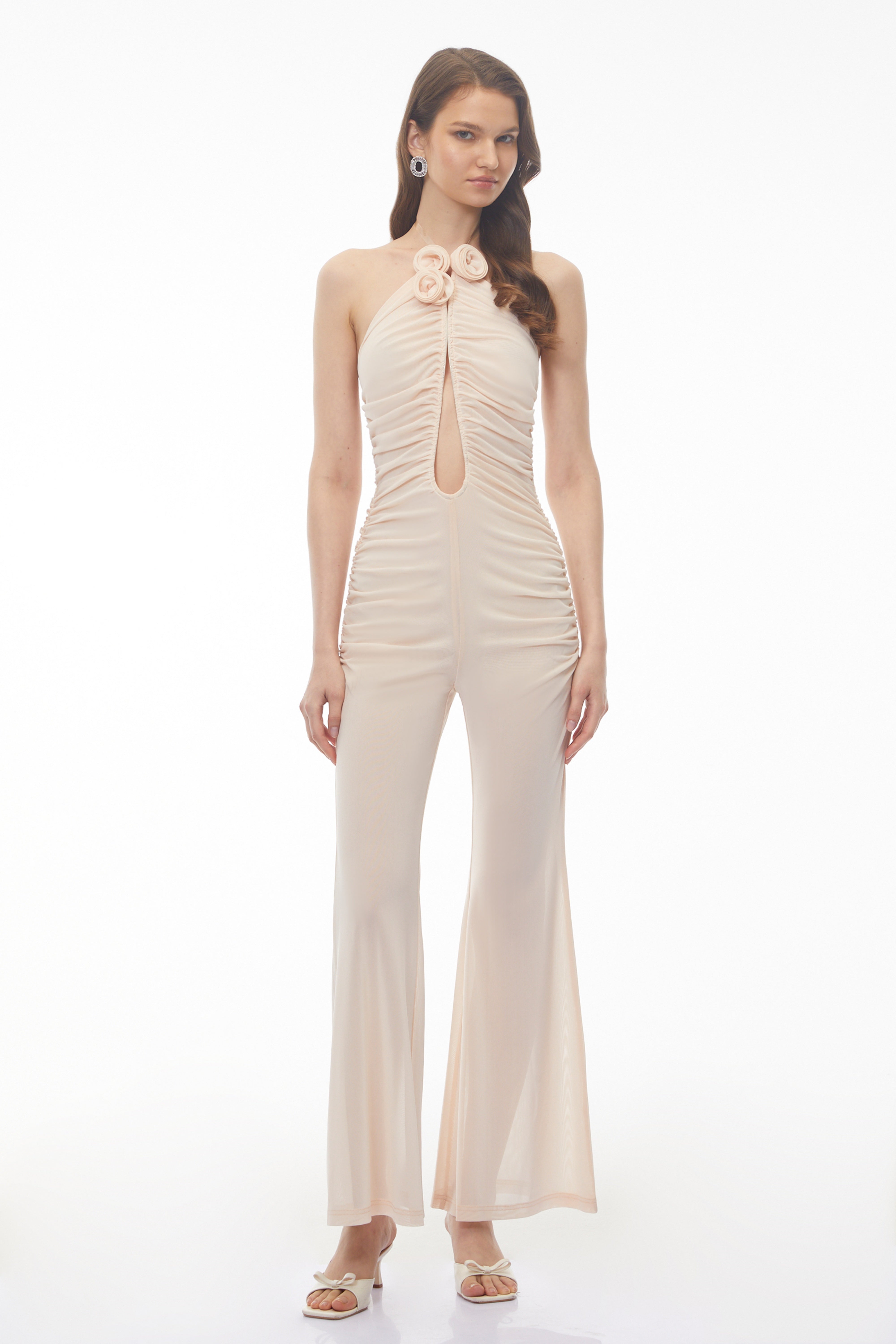 Fiona Nude Ruched Jumpsuit with 3D Petals
