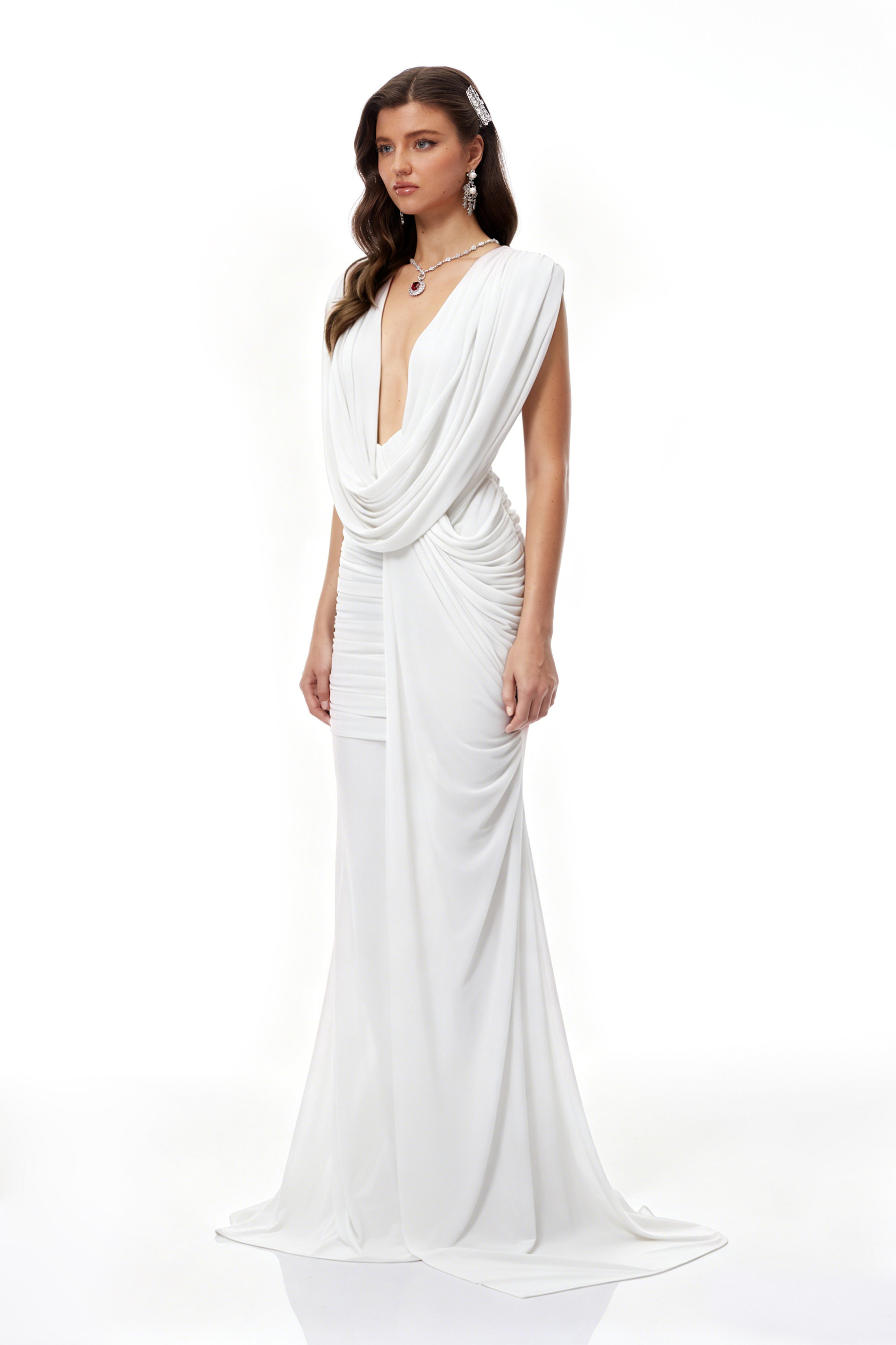 Fíona White Asymmetrical Draped Maxi Gown