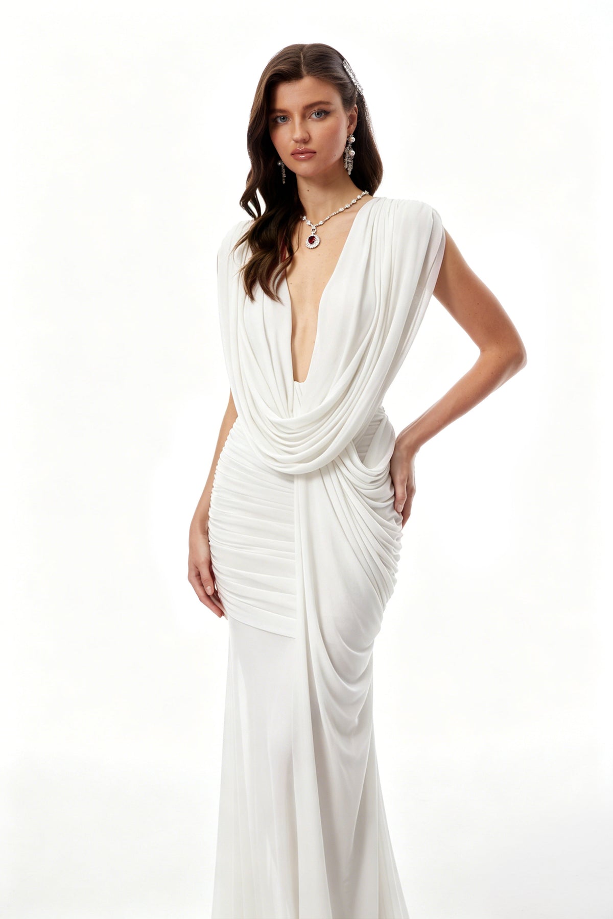 Fíona White Asymmetrical Draped Maxi Gown