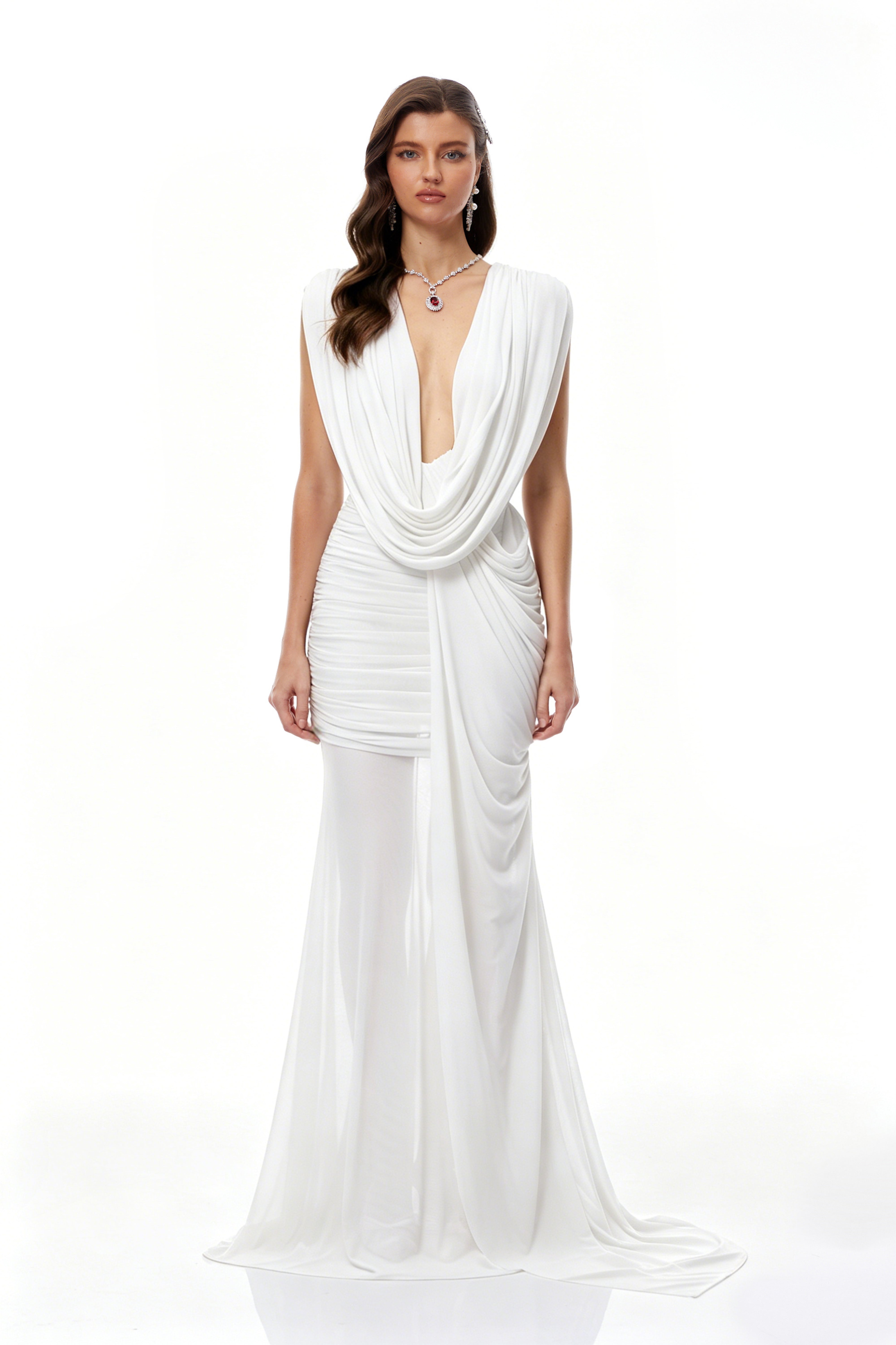 Fíona White Asymmetrical Draped Maxi Gown