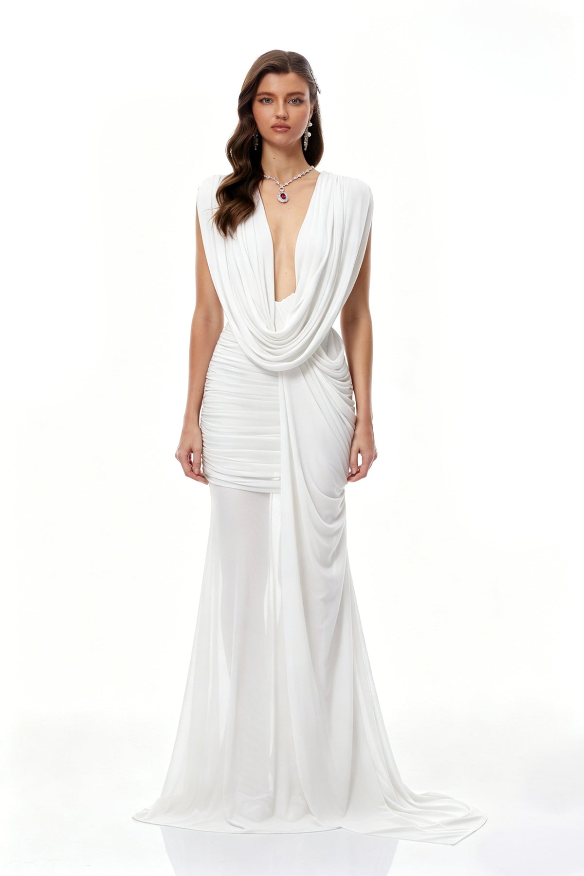 Fíona White Asymmetrical Draped Maxi Gown