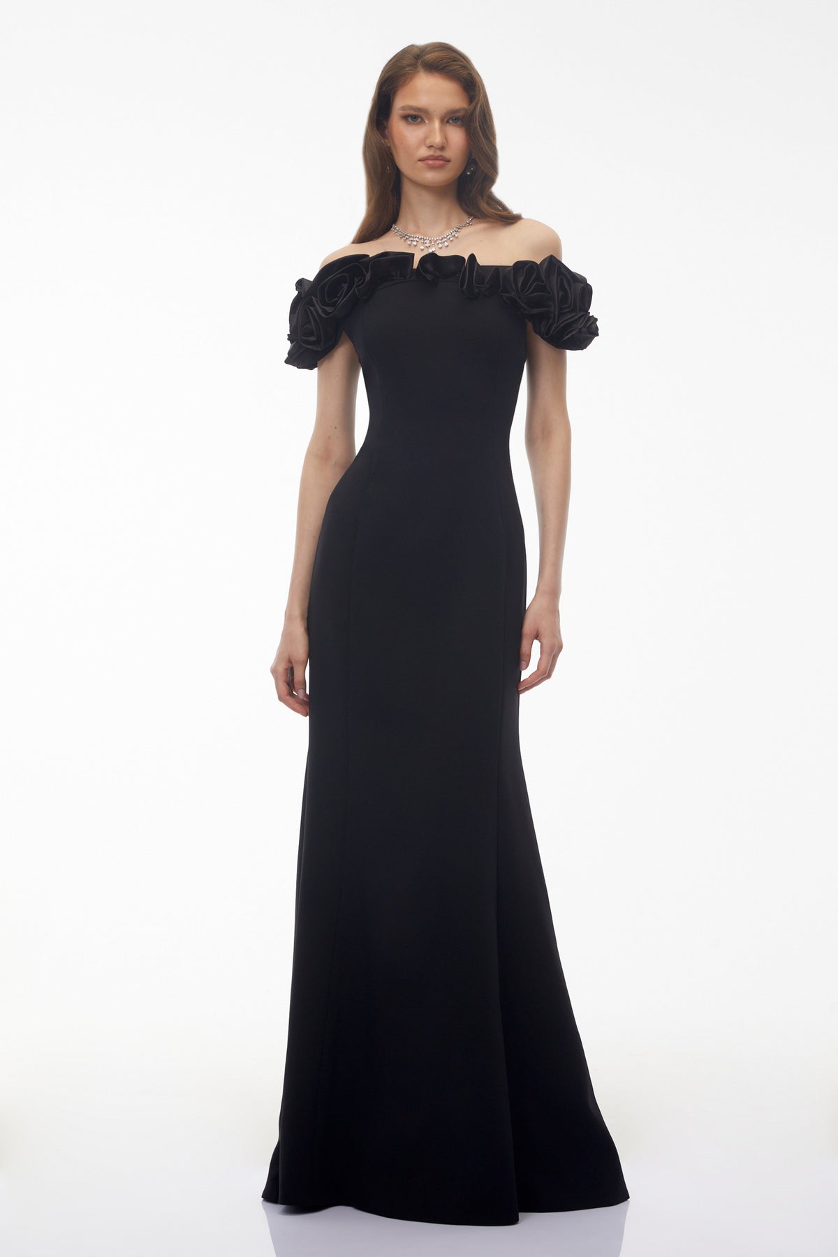 Fiorella Black Off Shoulder Maxi Dress with 3D Florals