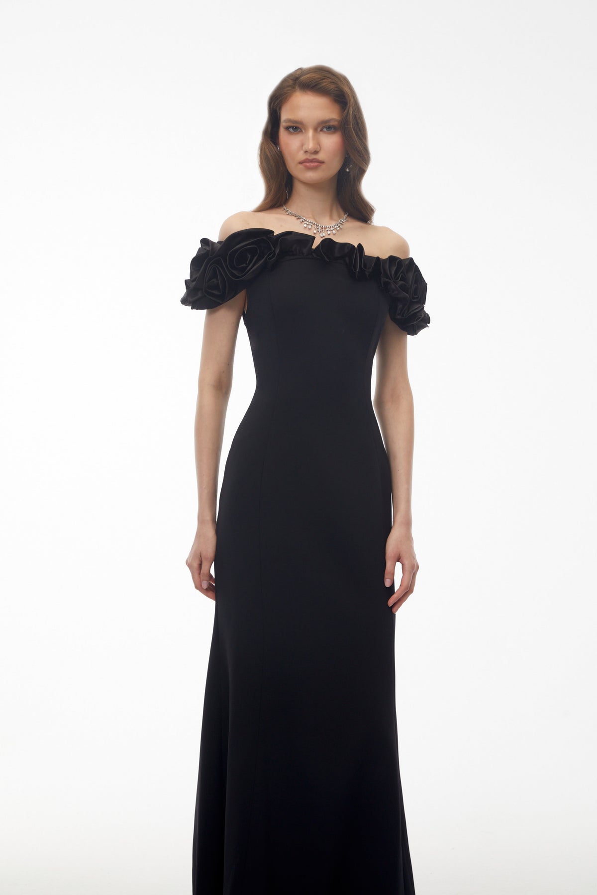Fiorella Black Off Shoulder Maxi Dress with 3D Florals (Final Sale)