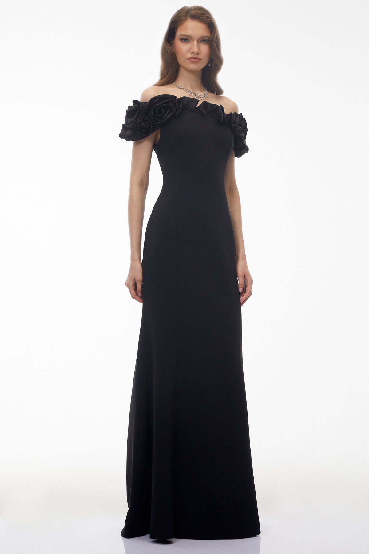 Fiorella Black Off Shoulder Maxi Dress with 3D Florals