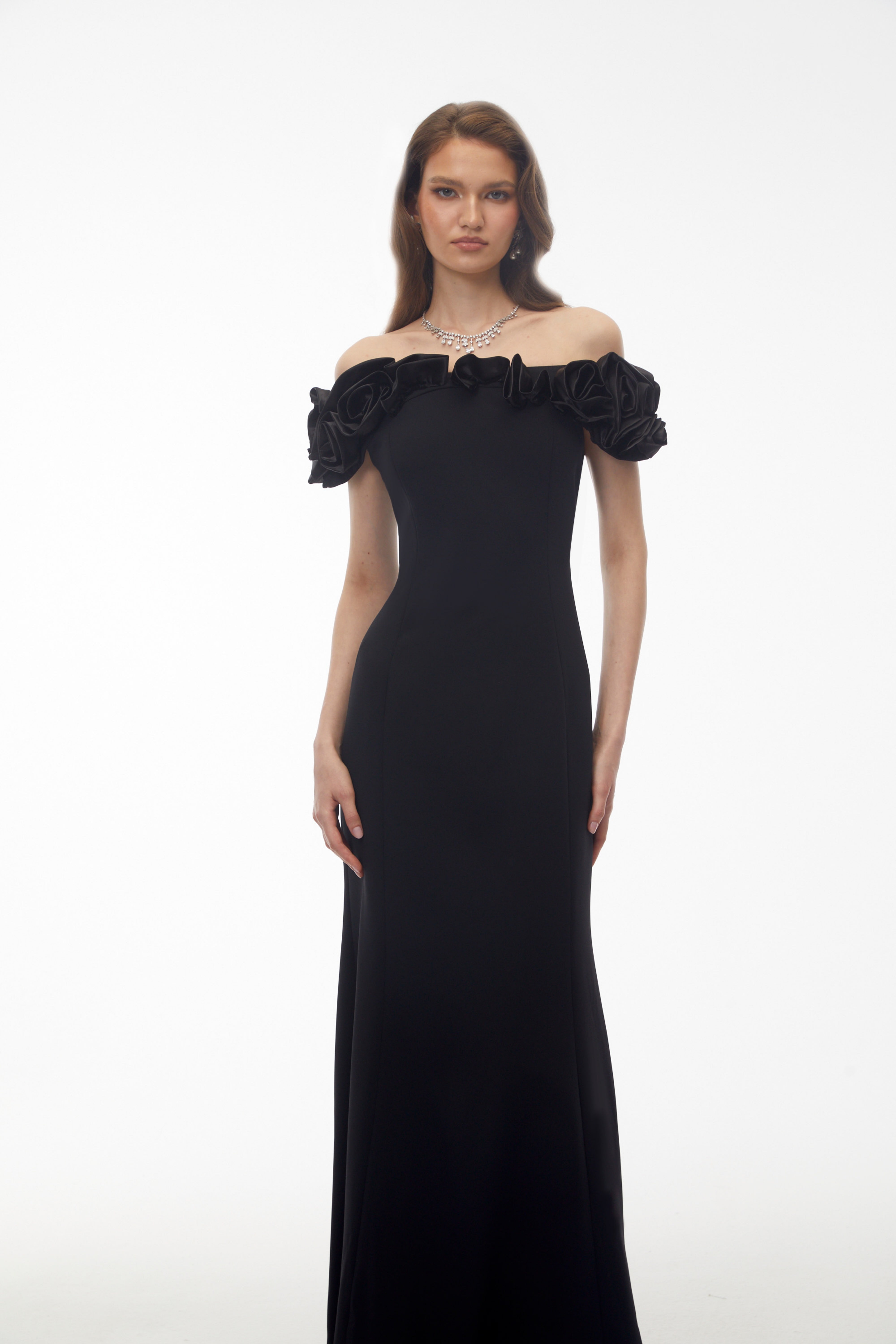 Fiorella Black Off Shoulder Maxi Dress with 3D Florals (Final Sale)