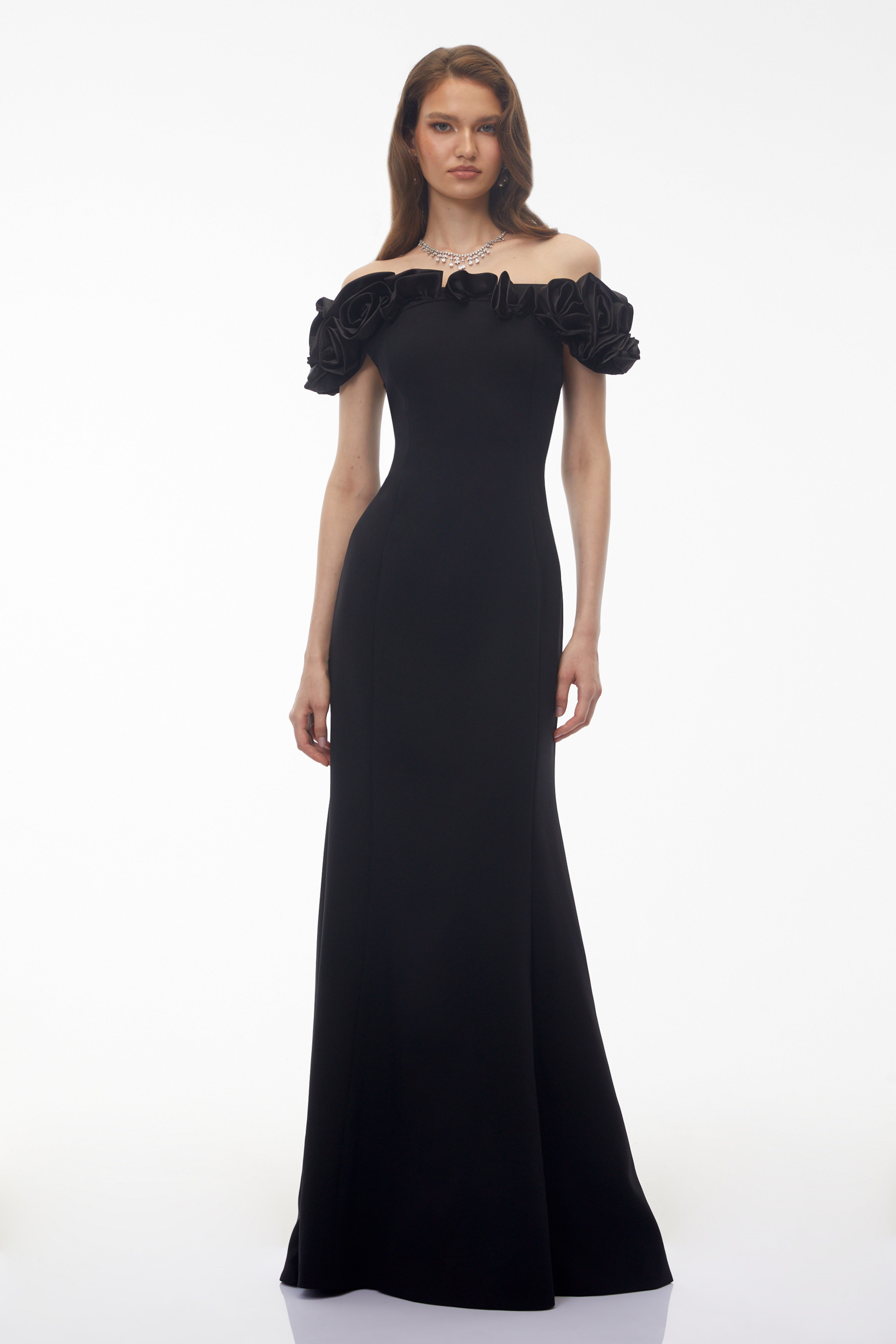 Fiorella Black Off Shoulder Maxi Dress with 3D Florals (Final Sale)