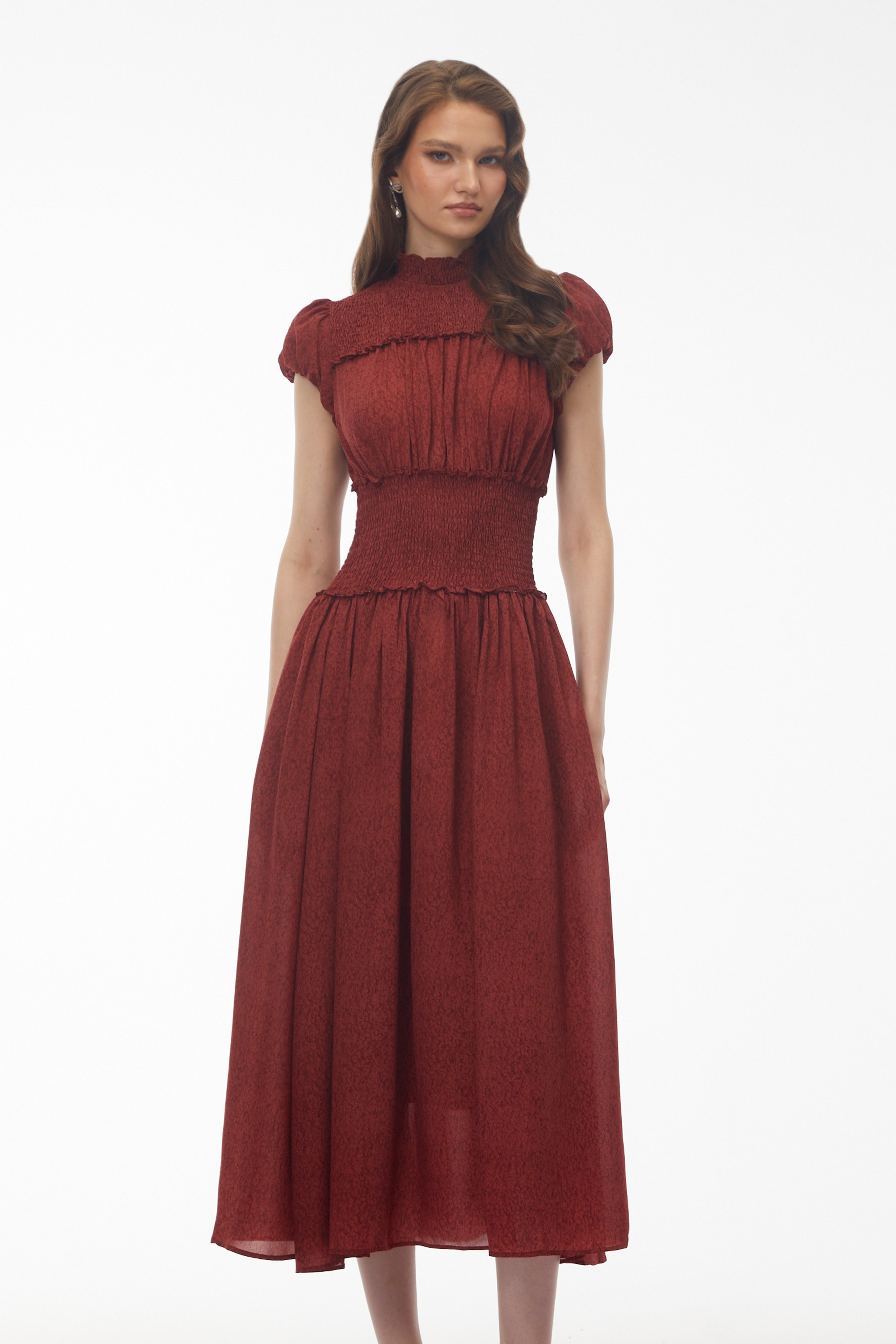 Fiorella Deep Red High Neck Pleated Midi Dress