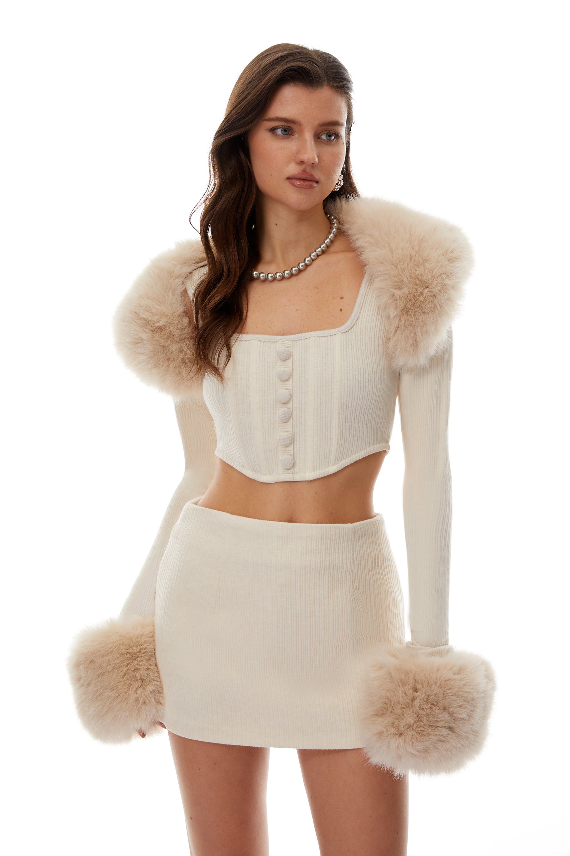 Fiorella Neutrals Fur Trim Knit Top & Skirt Set (Final Sale)